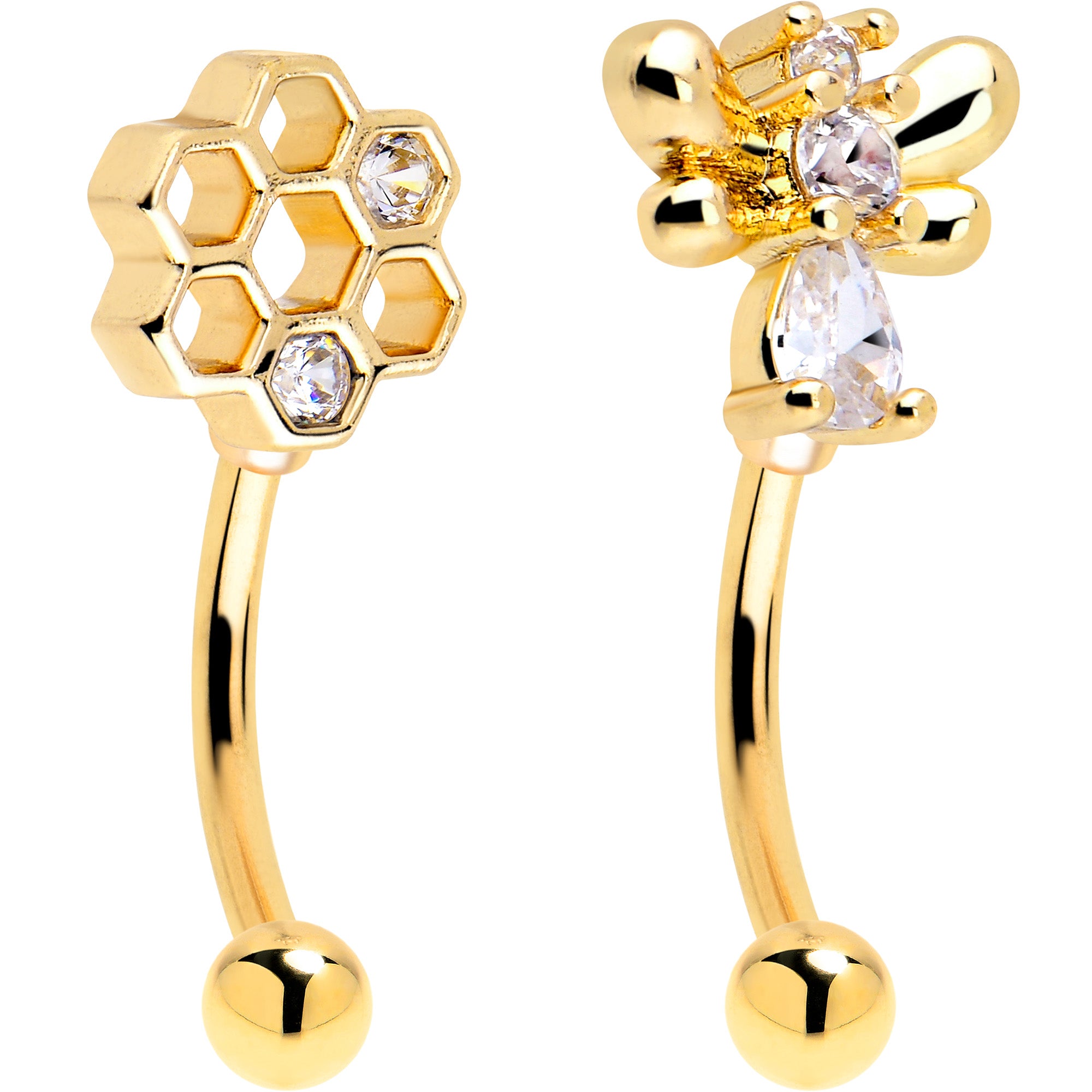 16 Gauge 5/16 Clear CZ Gold Tone Bee Hive Luv Curved Eyebrow Ring Set