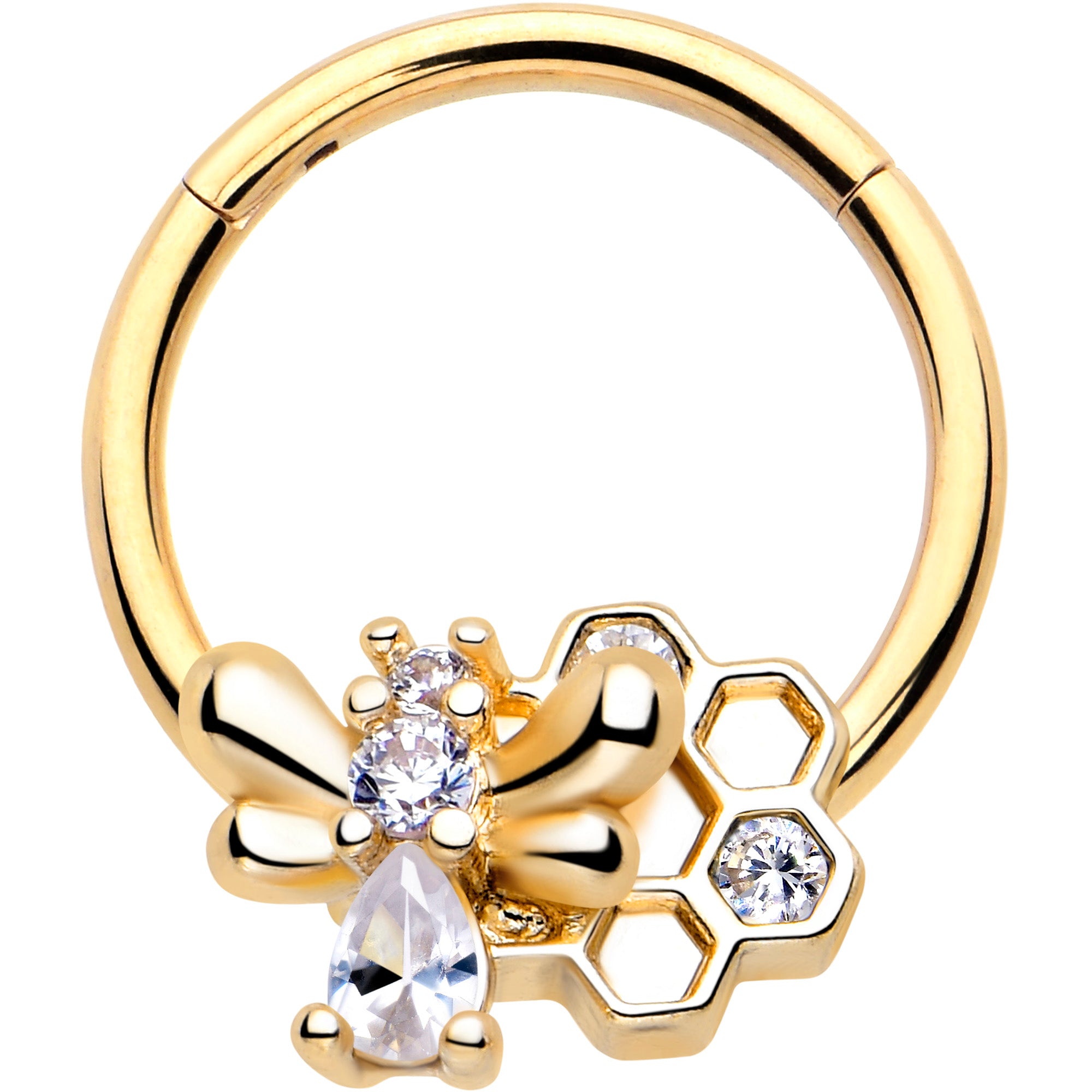 16 Gauge 3/8 Clear CZ Gem Gold Tone Bee Hive Luv Hinged Segment Ring
