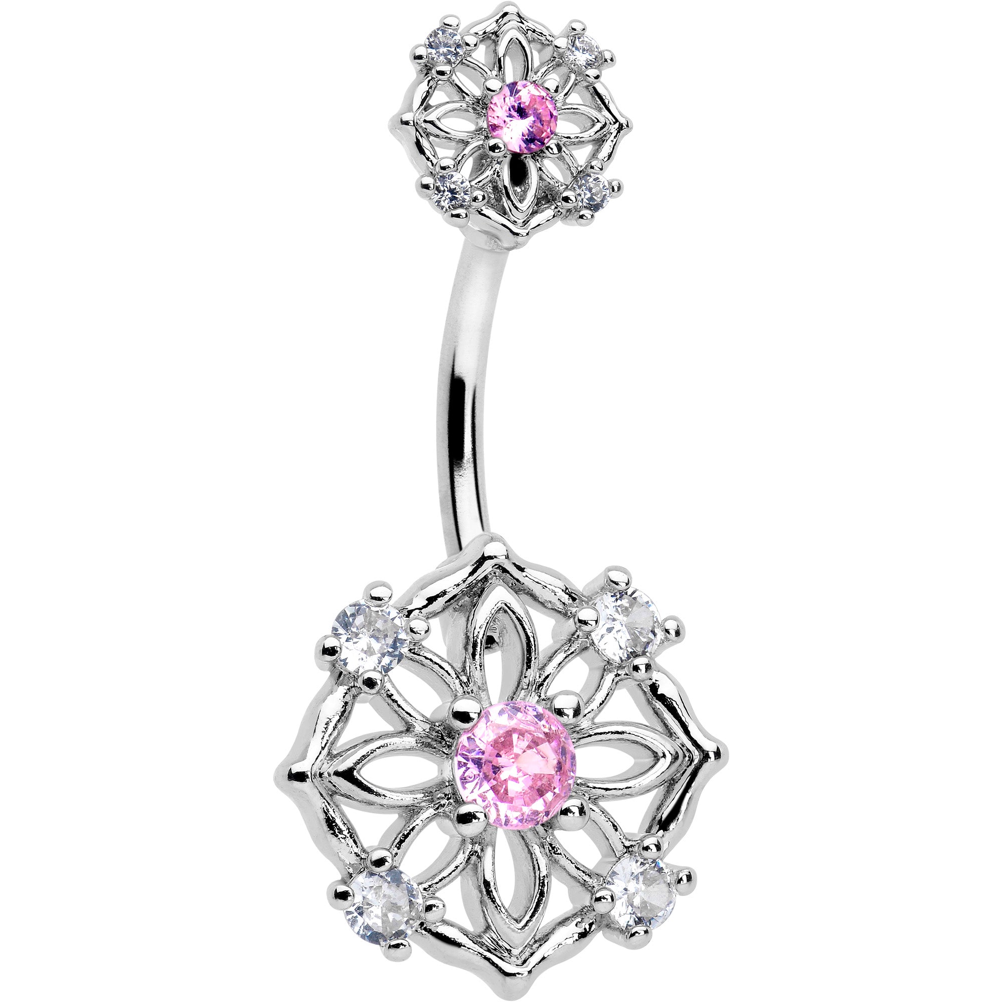 Pink CZ Gem Flower Circle Belly Ring