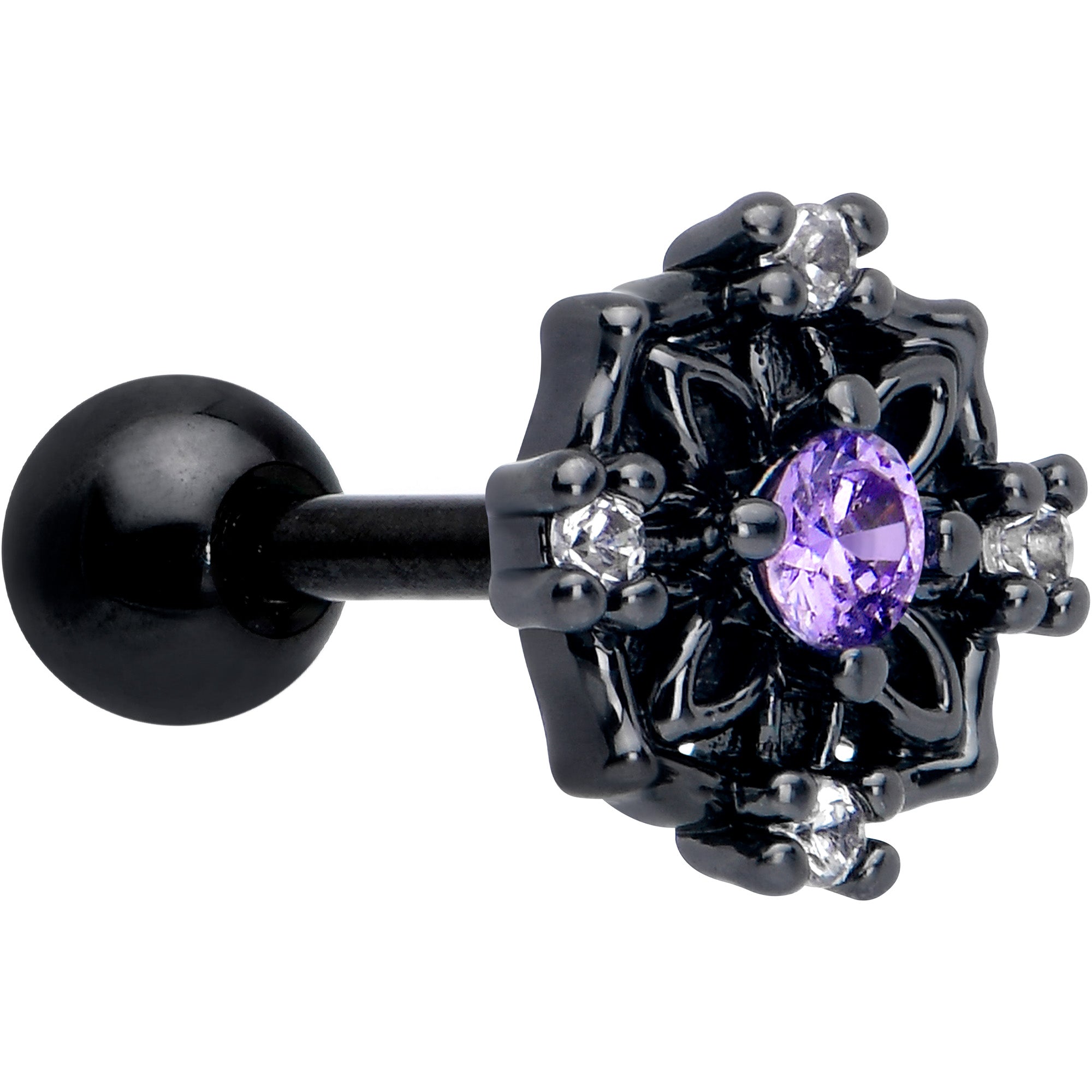 16 Gauge 1/4 Purple CZ Gem Black Flower Ring Cartilage Earring