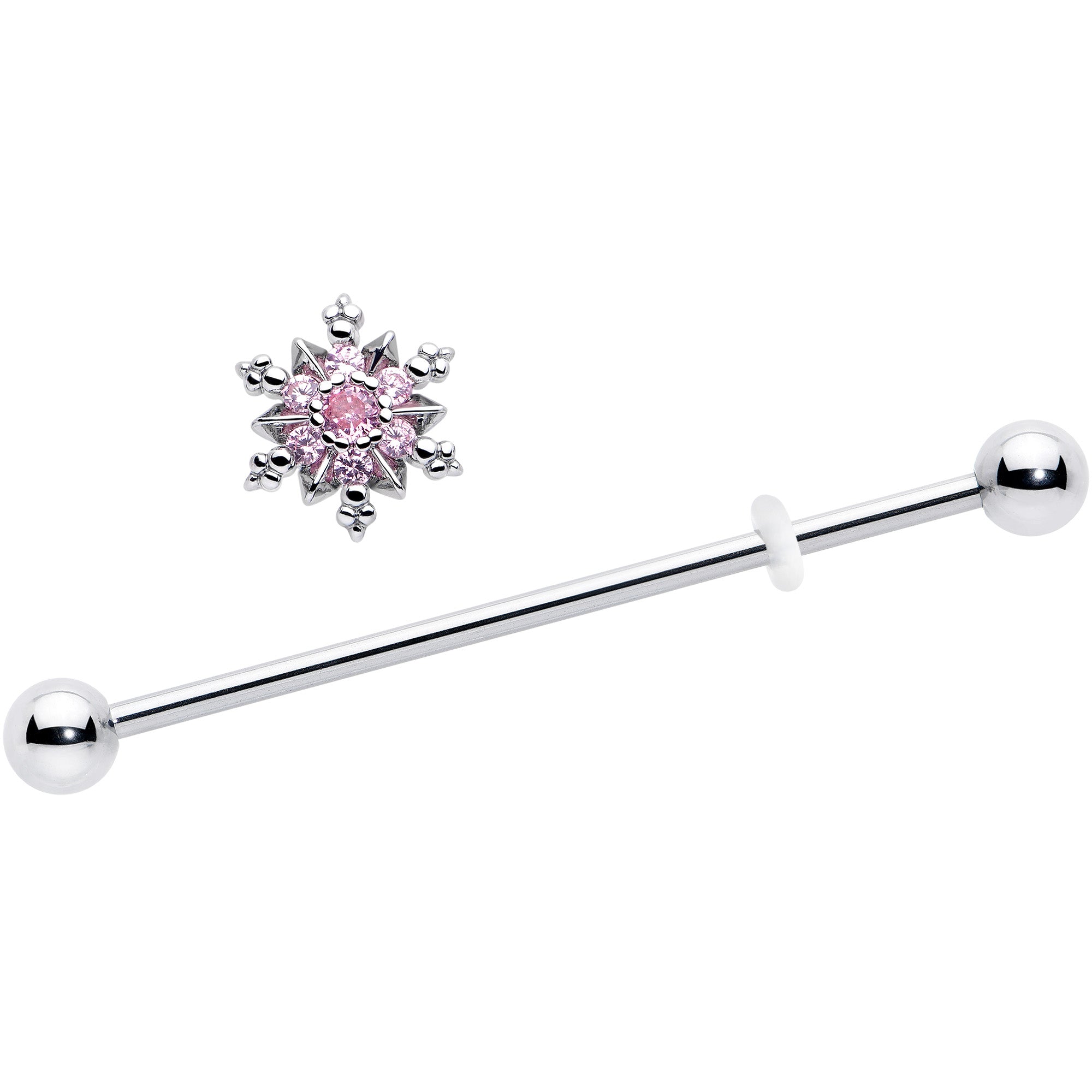 Pink CZ Gem Snowflake Glam Industrial Barbell 14 Gauge 38mm