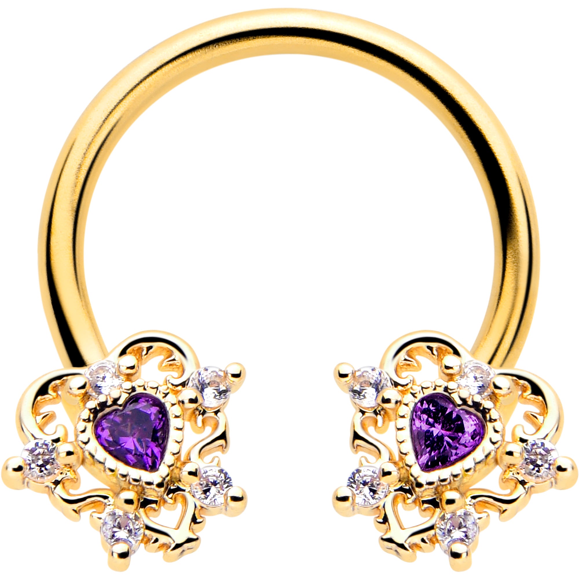 16 Gauge 3/8 Purple CZ Gem Gold Tone Heart of Love Horseshoe