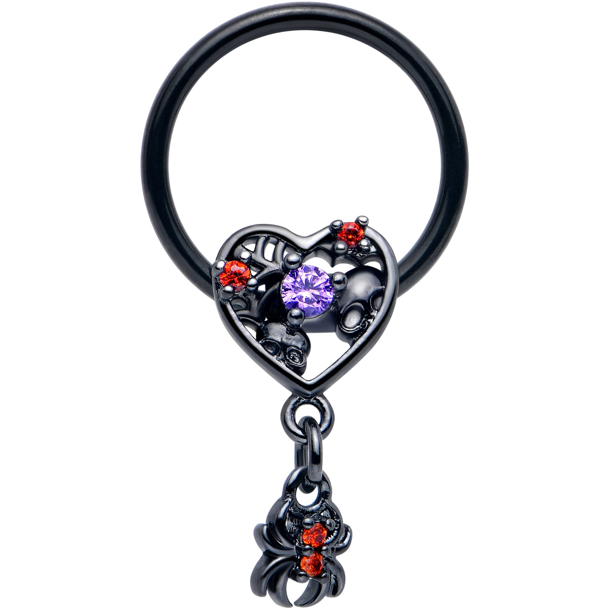 16 Gauge 3/8 Red CZ Gem Black Heart Spider Skull Dangle BCR Captive Ring