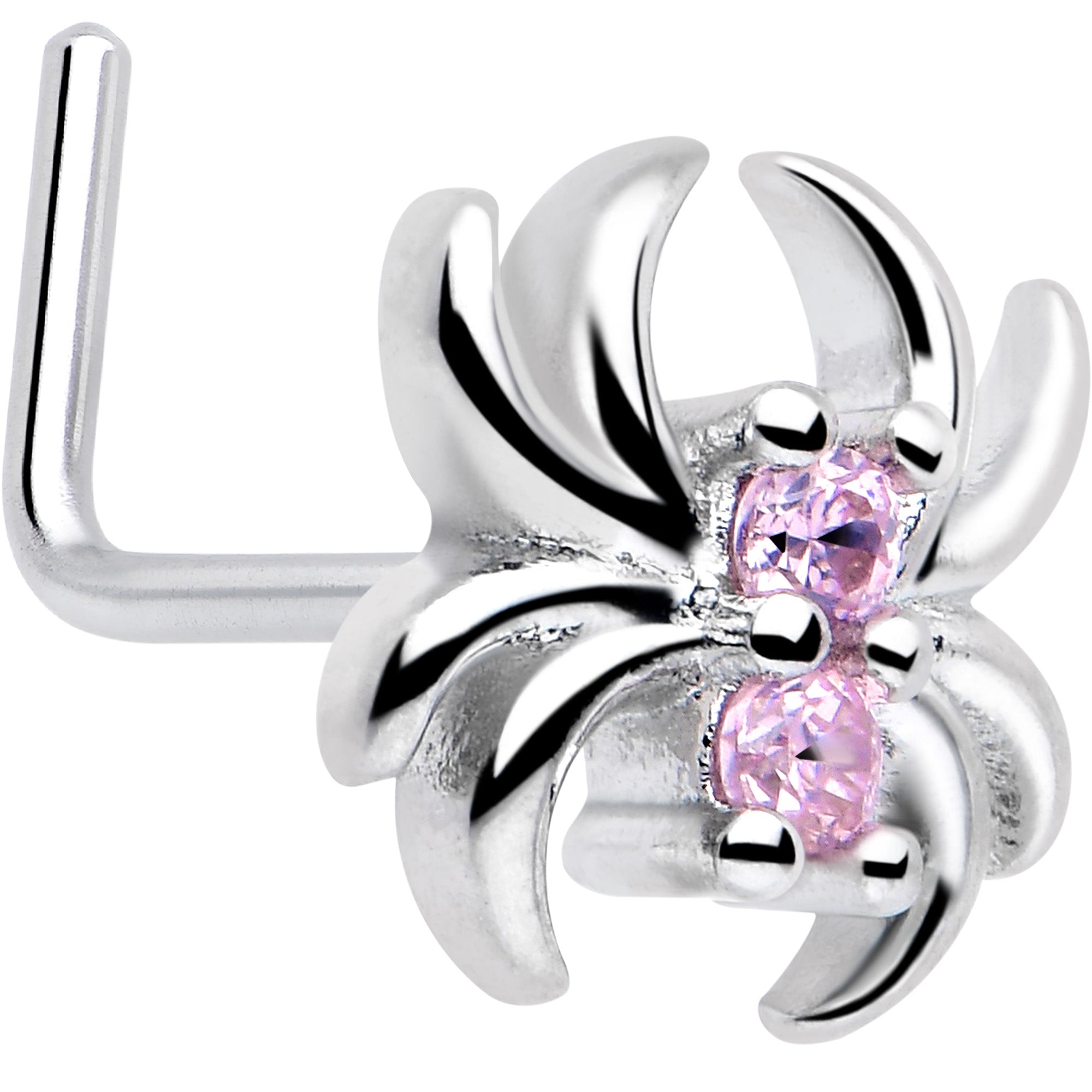 20 Gauge 7mm Pink CZ Gem Sleek Spider L Shape Nose Ring