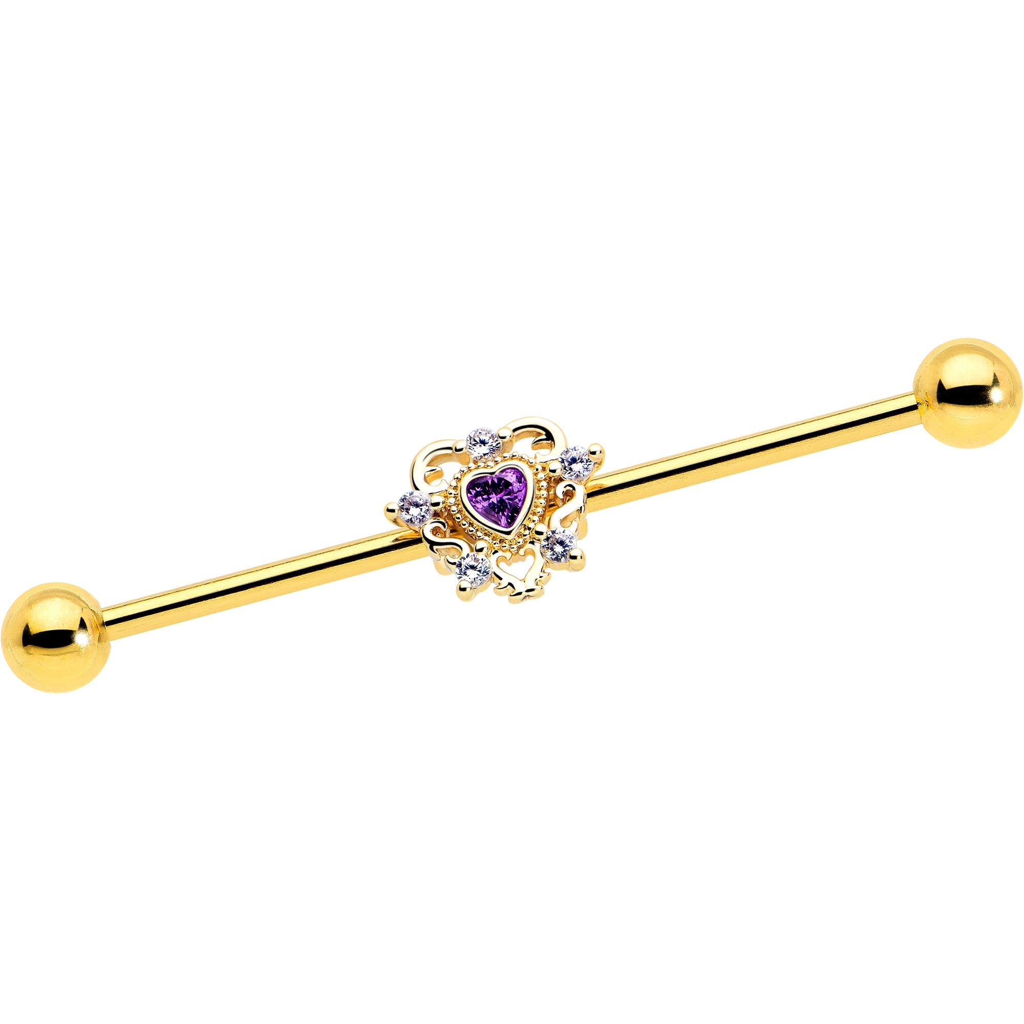 14 Gauge Purple CZ Gem Gold Tone Heart of Love Industrial Barbell