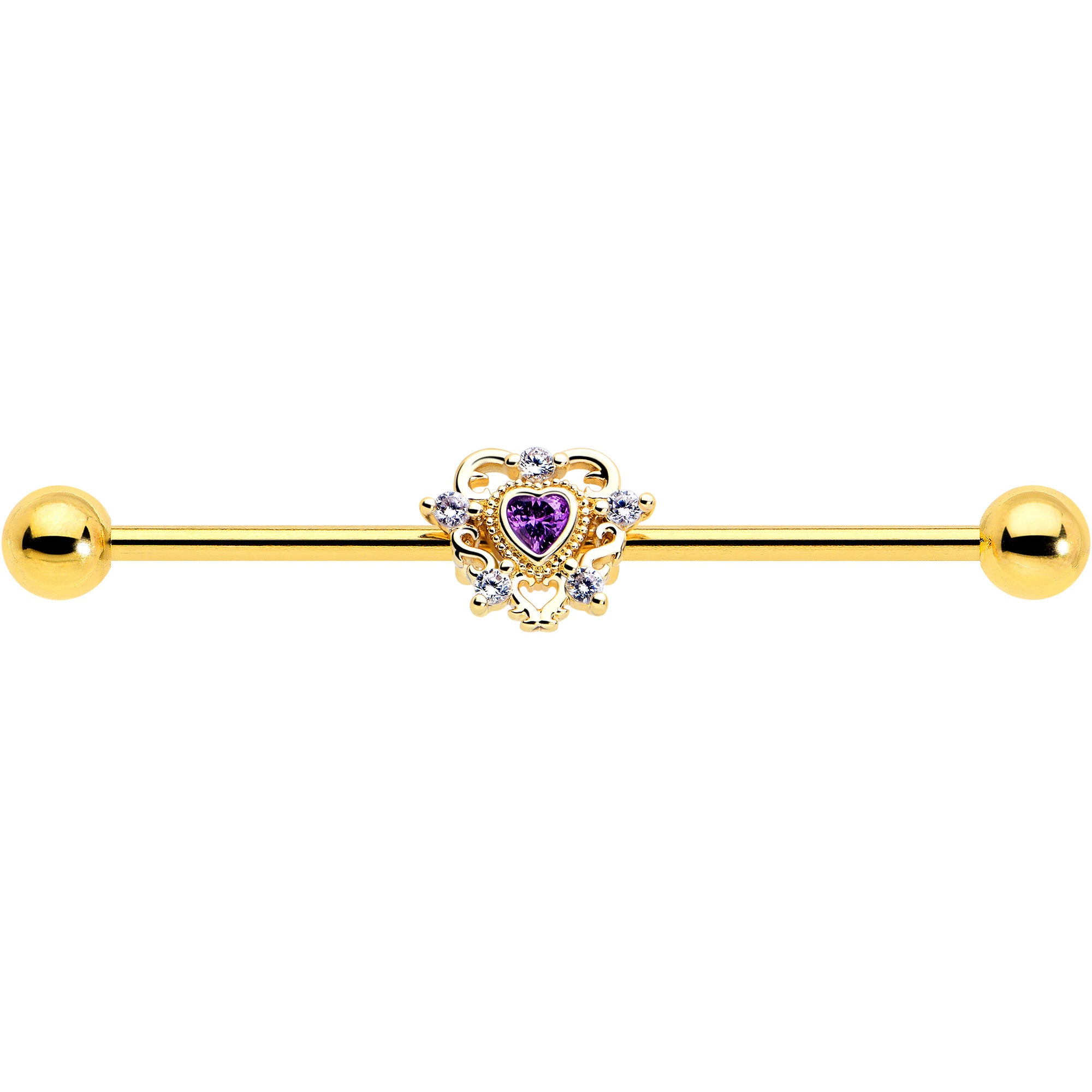 14 Gauge Gold Tone Heart of Love Industrial Barbell with Purple CZ Gem