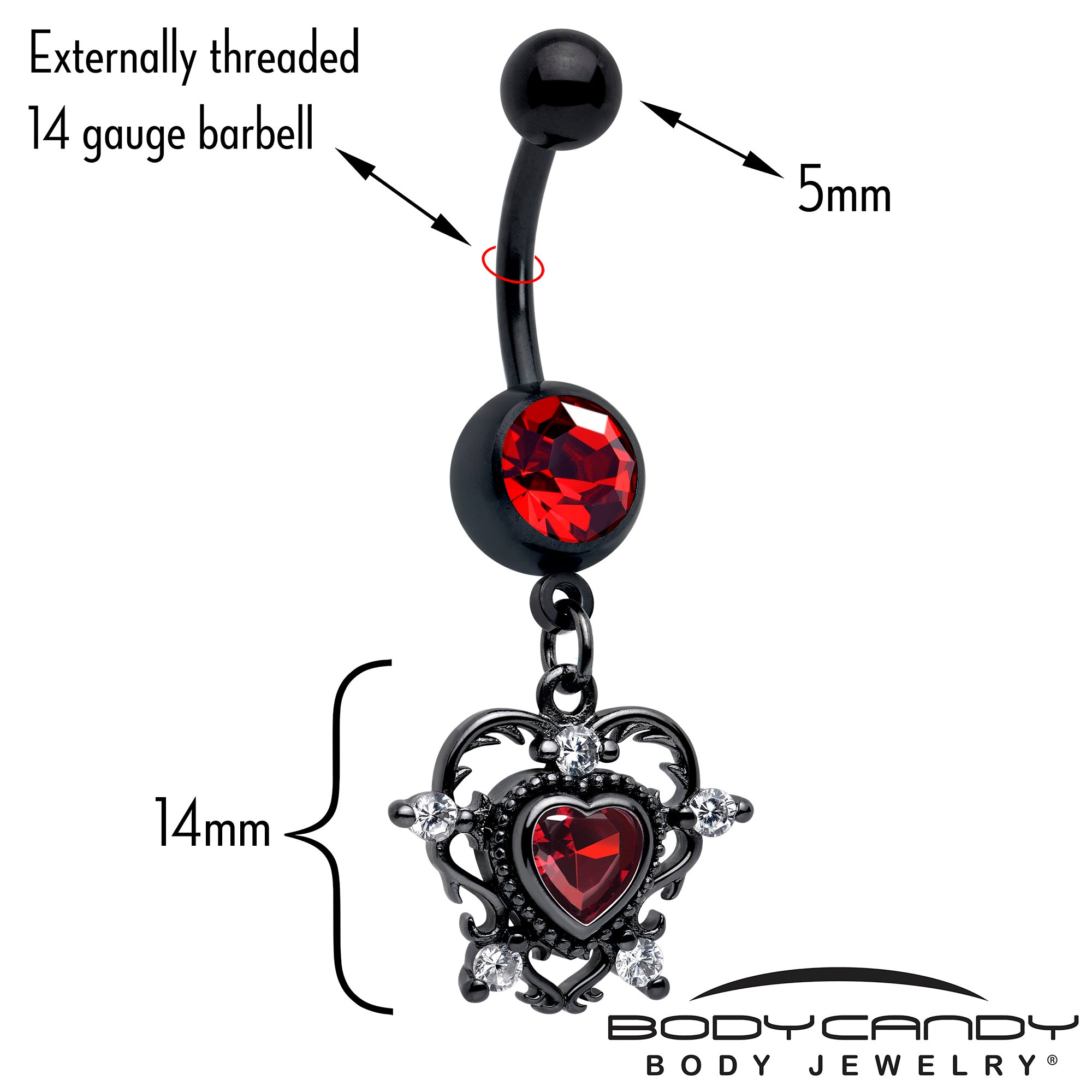 Black Double Heart Dangle Belly Ring with Red CZ Gem