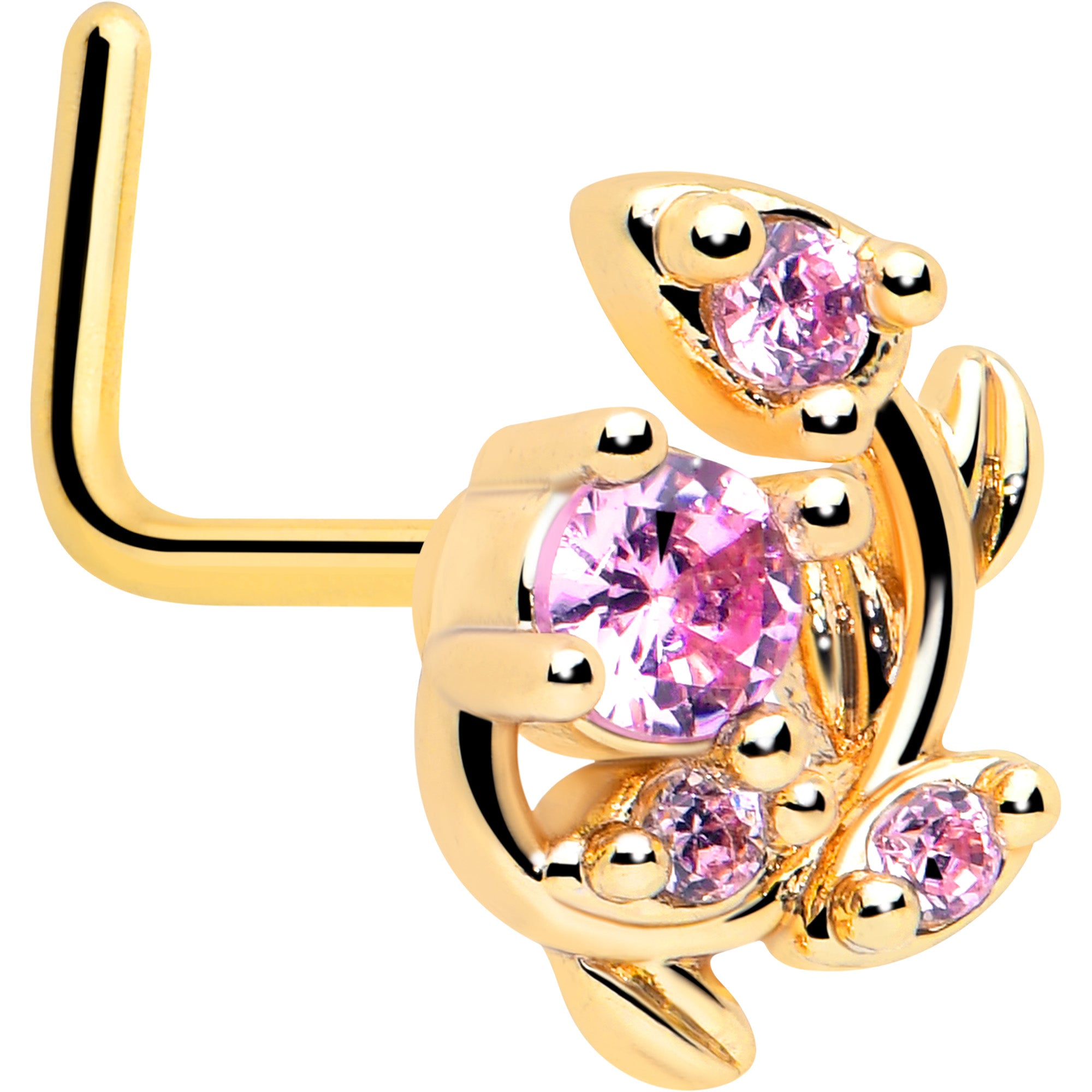 20 Gauge 7mm Pink Gem Gold Tone Twining Vine L Shape Nose Ring