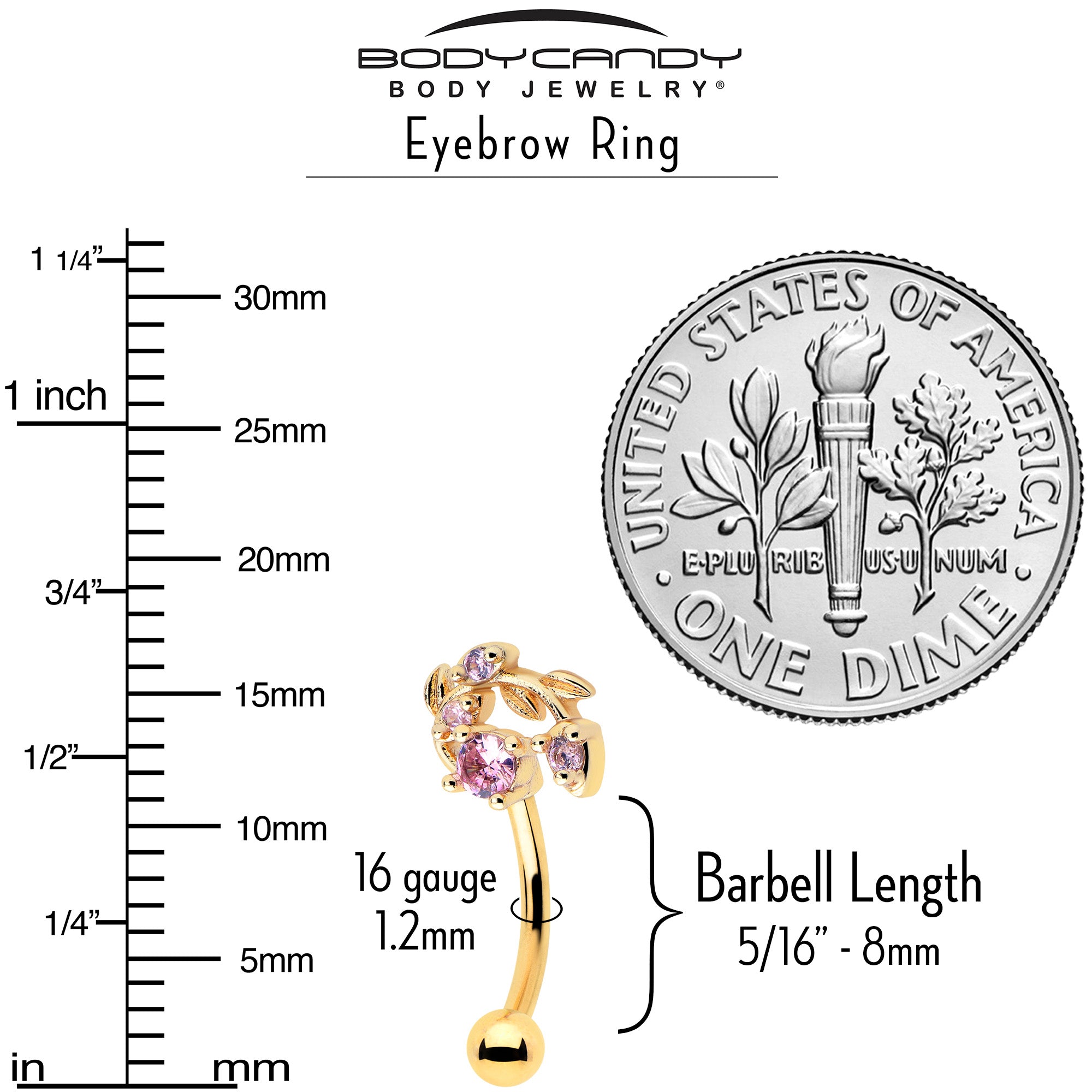 16 Gauge 5/16 Gold Tone Curved Eyebrow Ring with Pink Gem