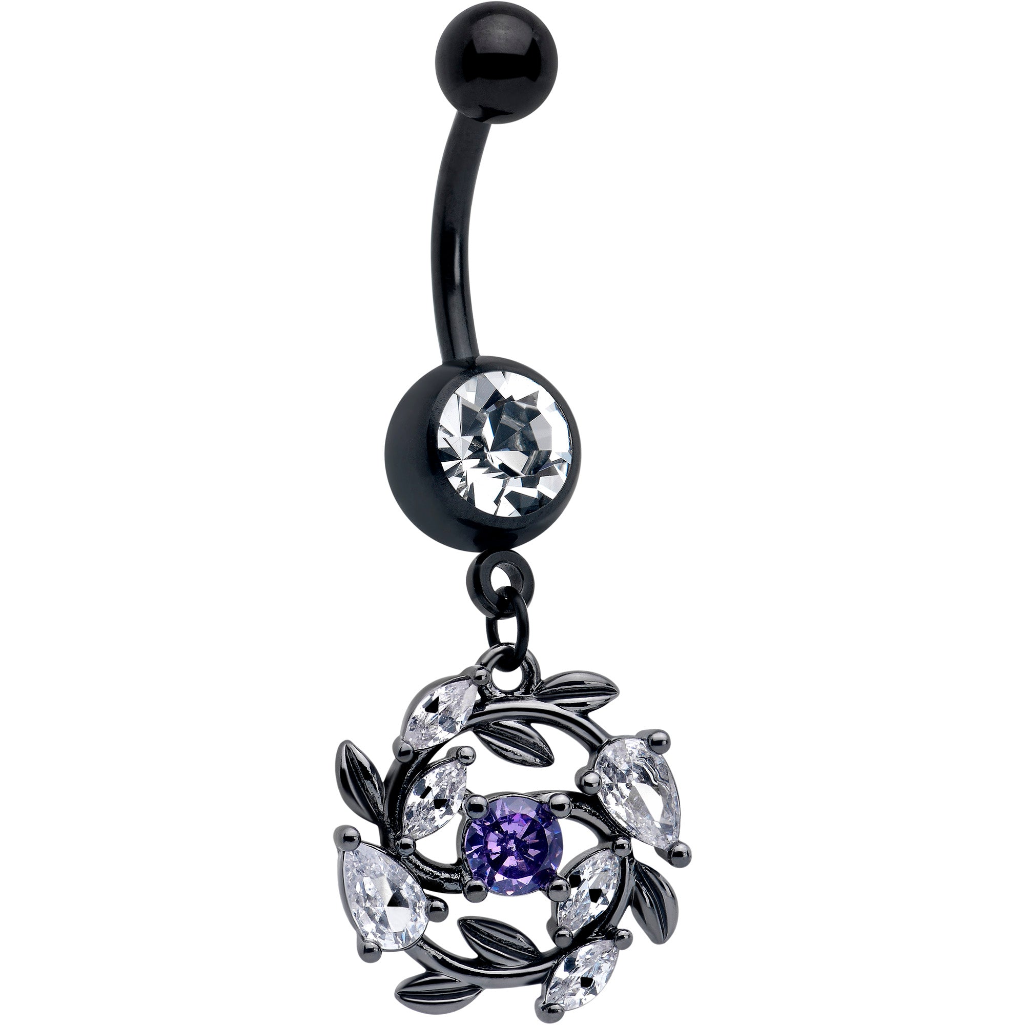 purple clear gem black twining vine dangle belly ring