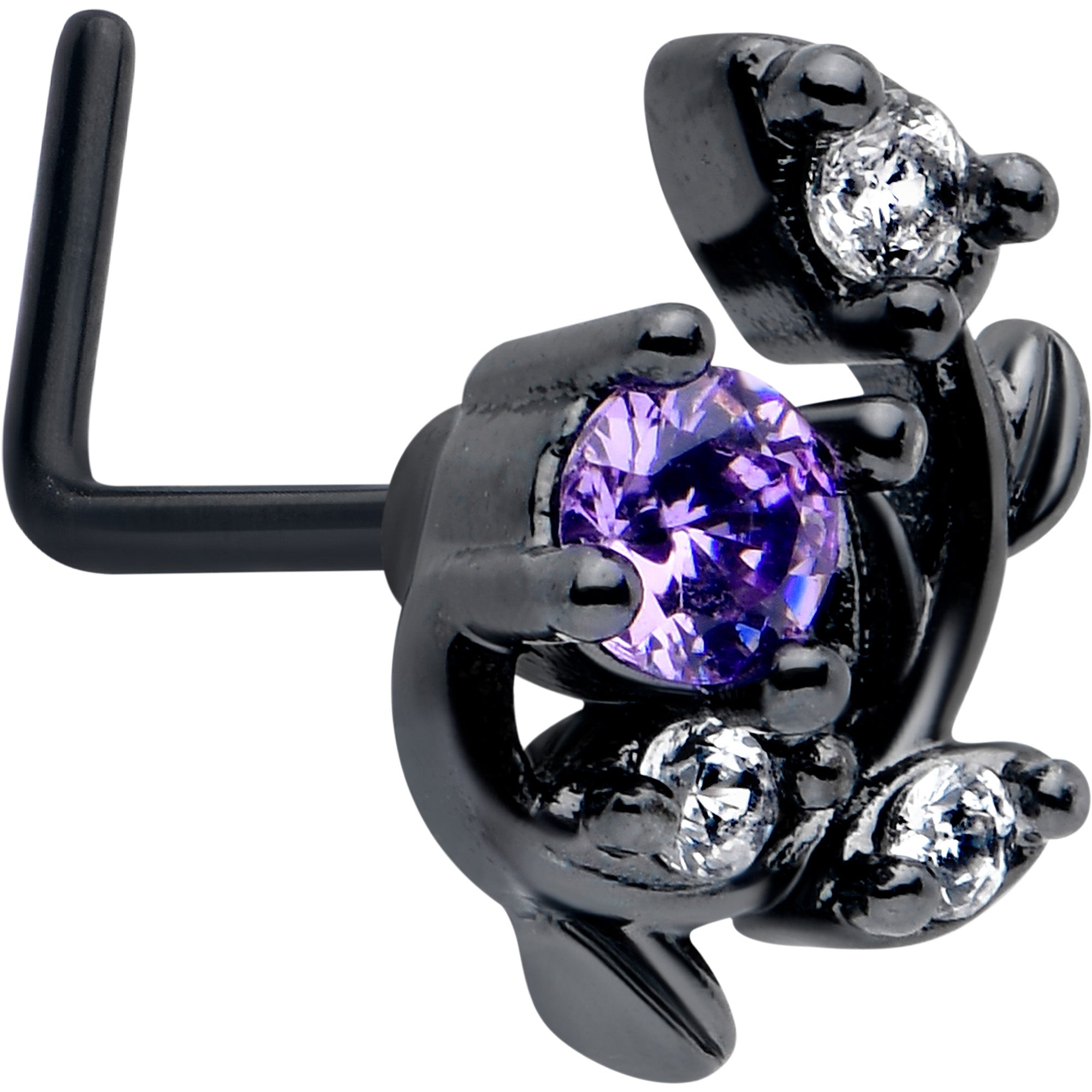 20 Gauge 7mm Purple Clear Gem Black Twining Vine Nose Ring