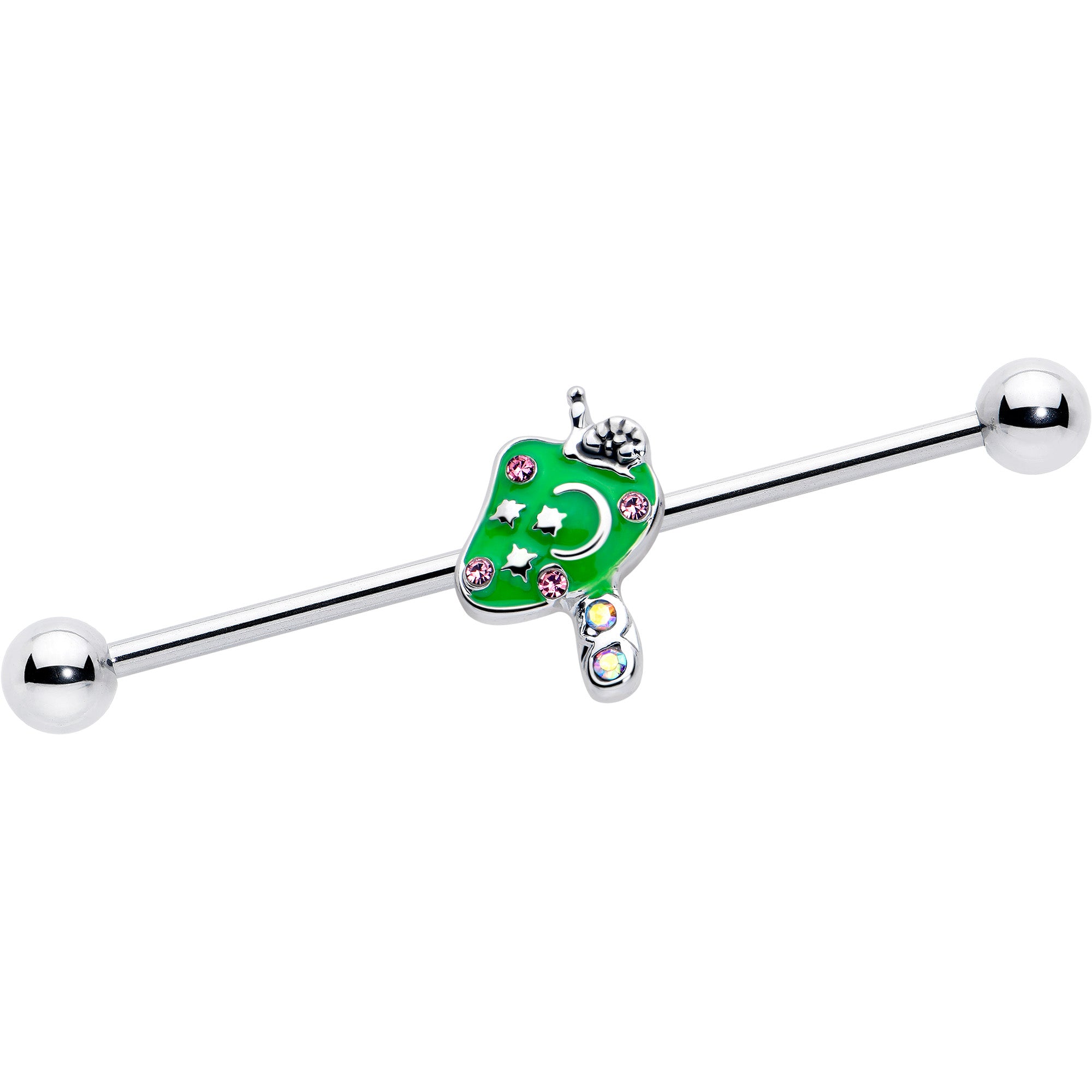 14 gauge pink gem fanciful green mushroom industrial barbell 38mm
