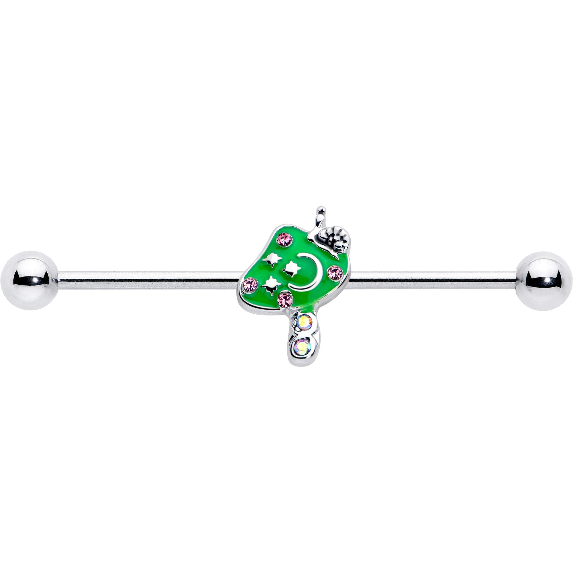 pink gem fanciful green mushroom industrial barbell 14 gauge 38mm