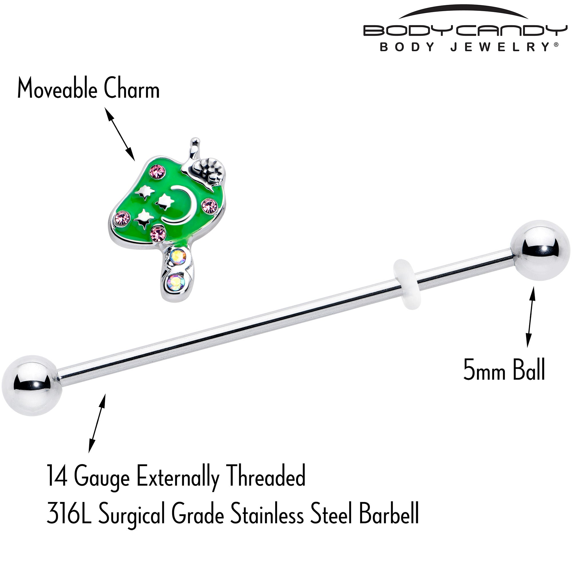14 gauge green mushroom pink gem industrial barbell 38mm