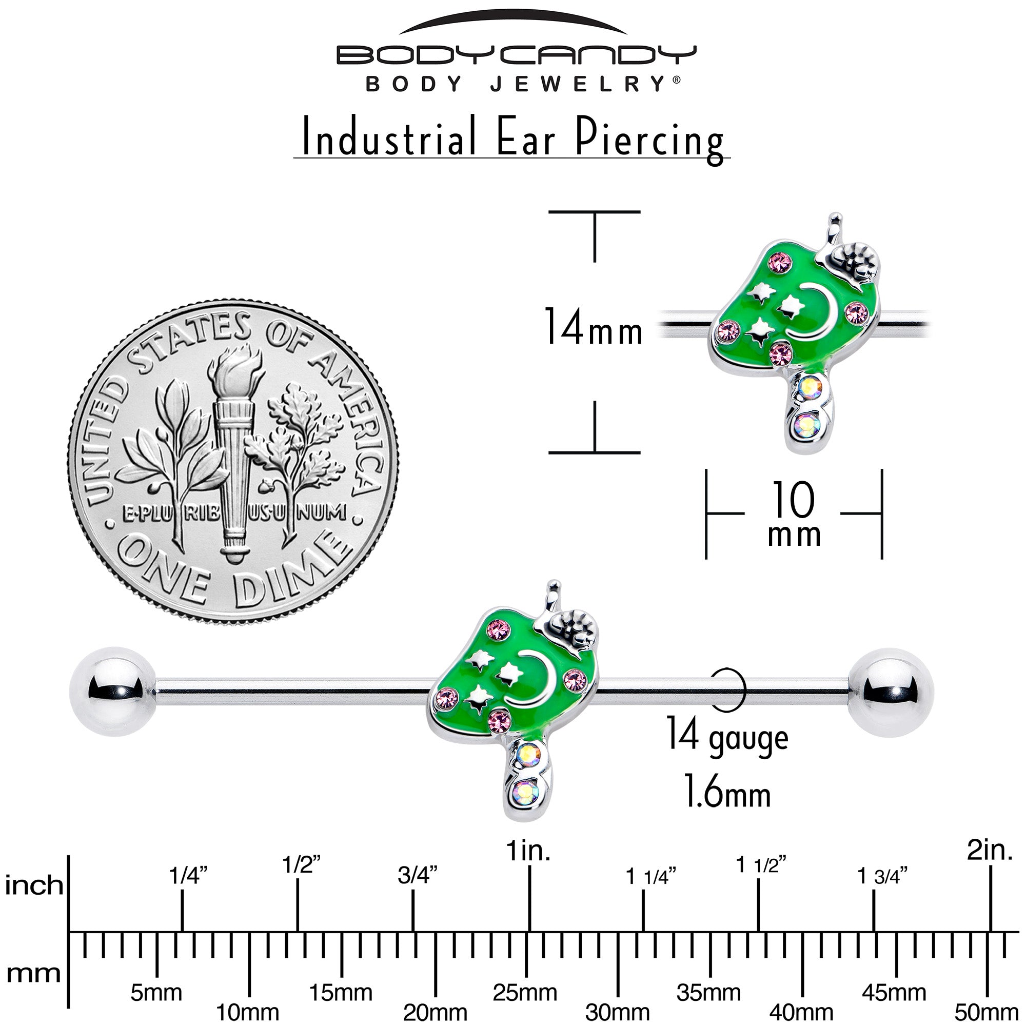 pink gem industrial barbell 14 gauge green mushroom 38mm