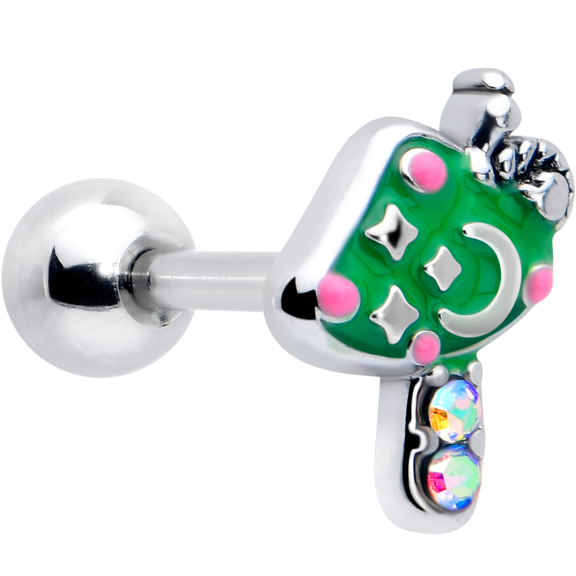 16 Gauge 1/4 Aurora Gem Green Mushroom Cartilage Earring