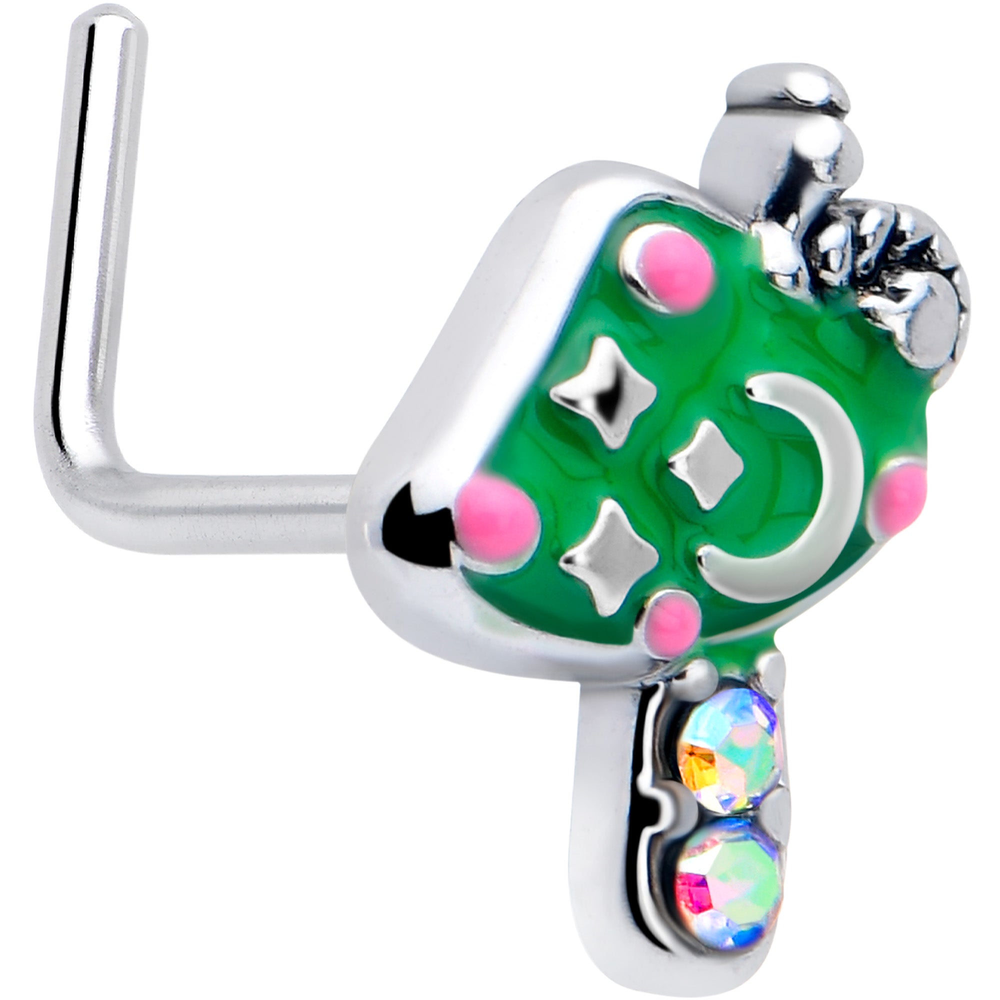 20 Gauge 7mm Aurora Gem Fanciful Green Mushroom L Shape Nose Ring