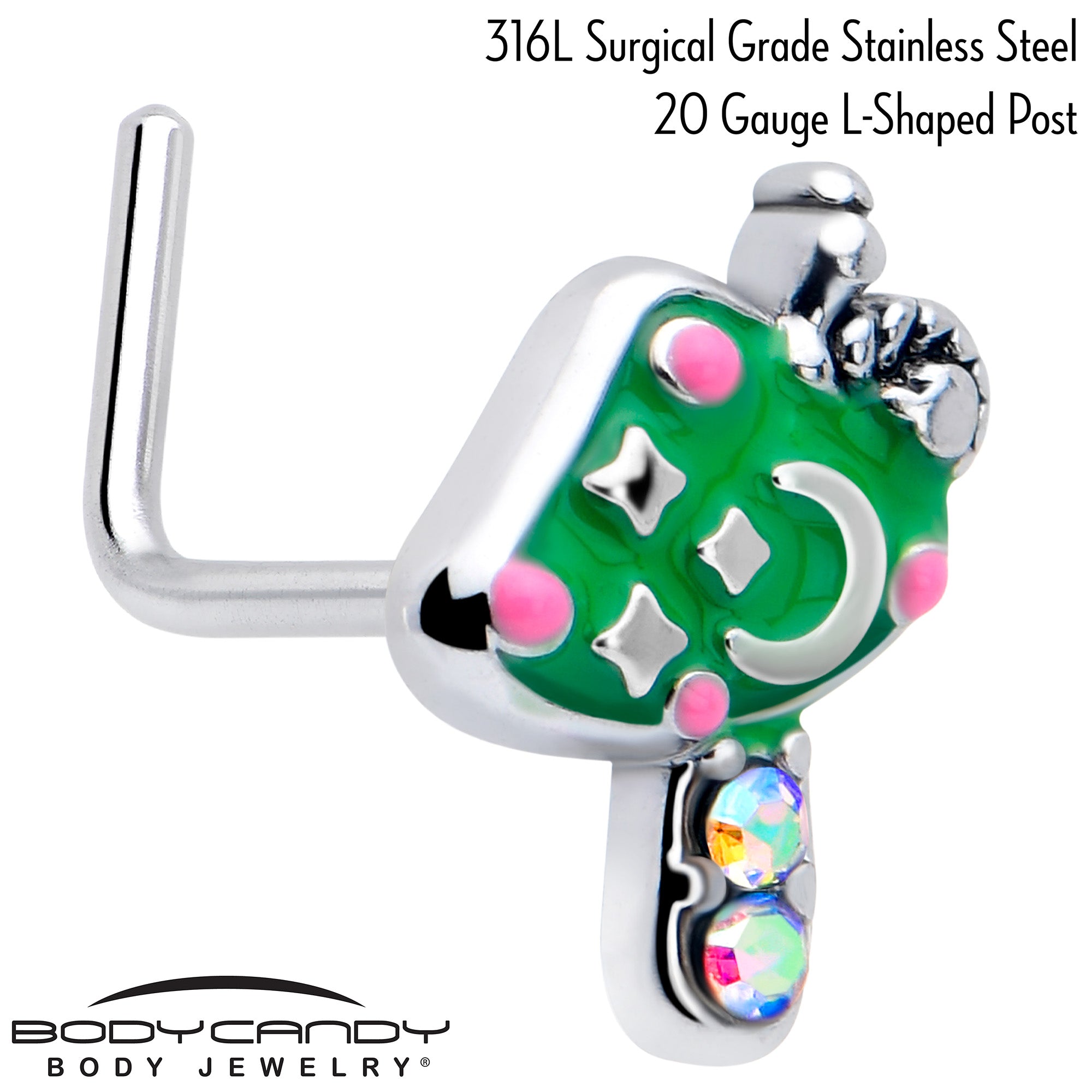 Aurora Gem Green Mushroom L Shape Nose Ring 20 Gauge 7mm