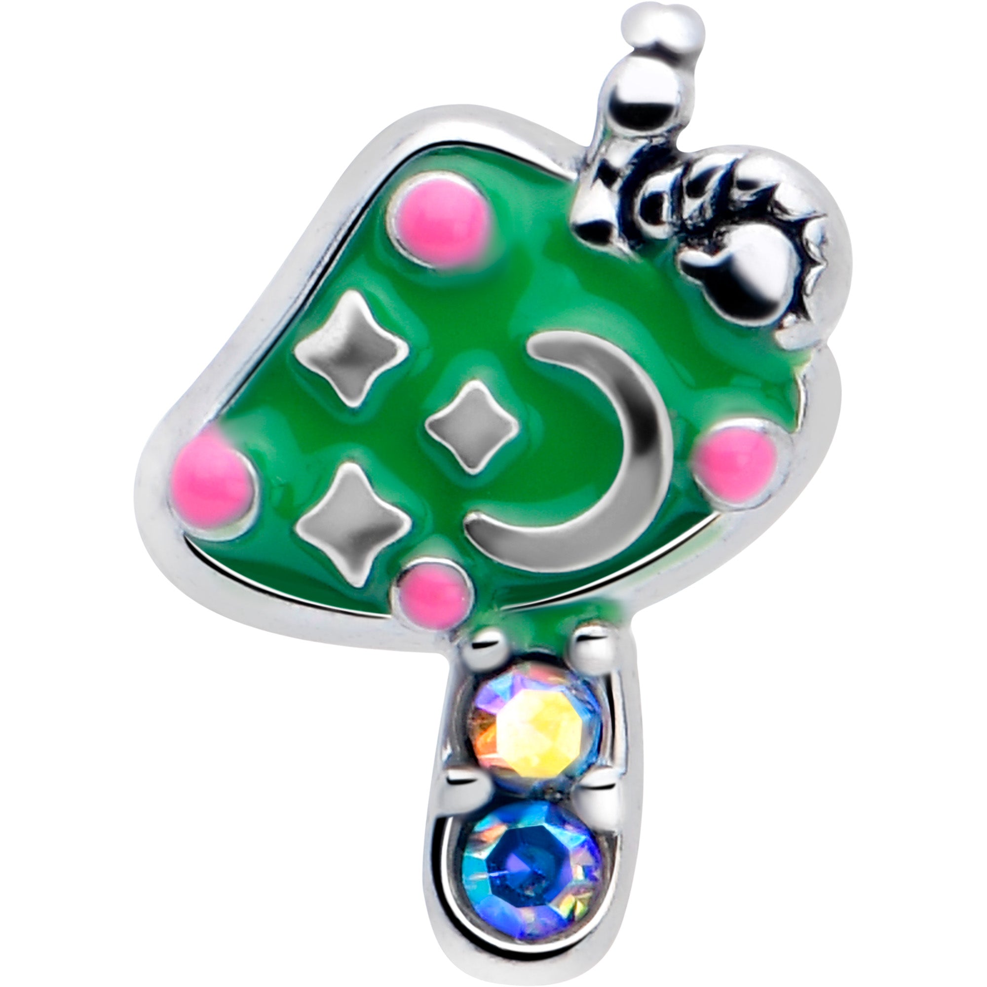 7mm Green Mushroom L Shape Nose Ring with Aurora Gem 20 Gauge