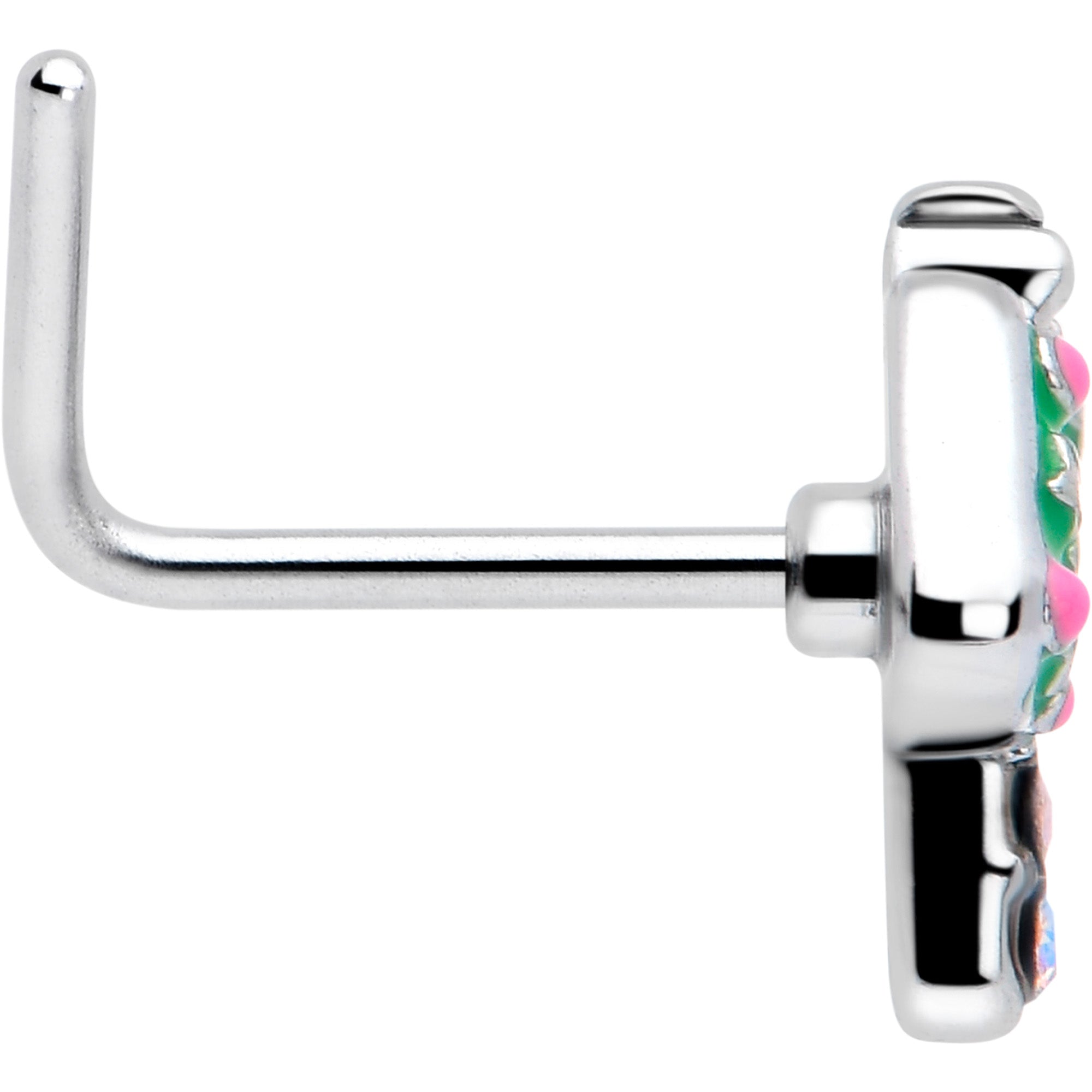 Fanciful Green Mushroom L Shape Nose Ring 20 Gauge 7mm