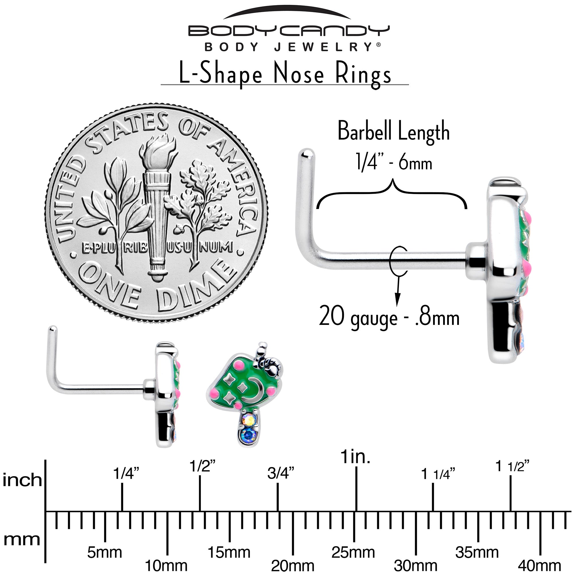 20 Gauge Aurora Gem Green Mushroom L Shape Nose Ring 7mm