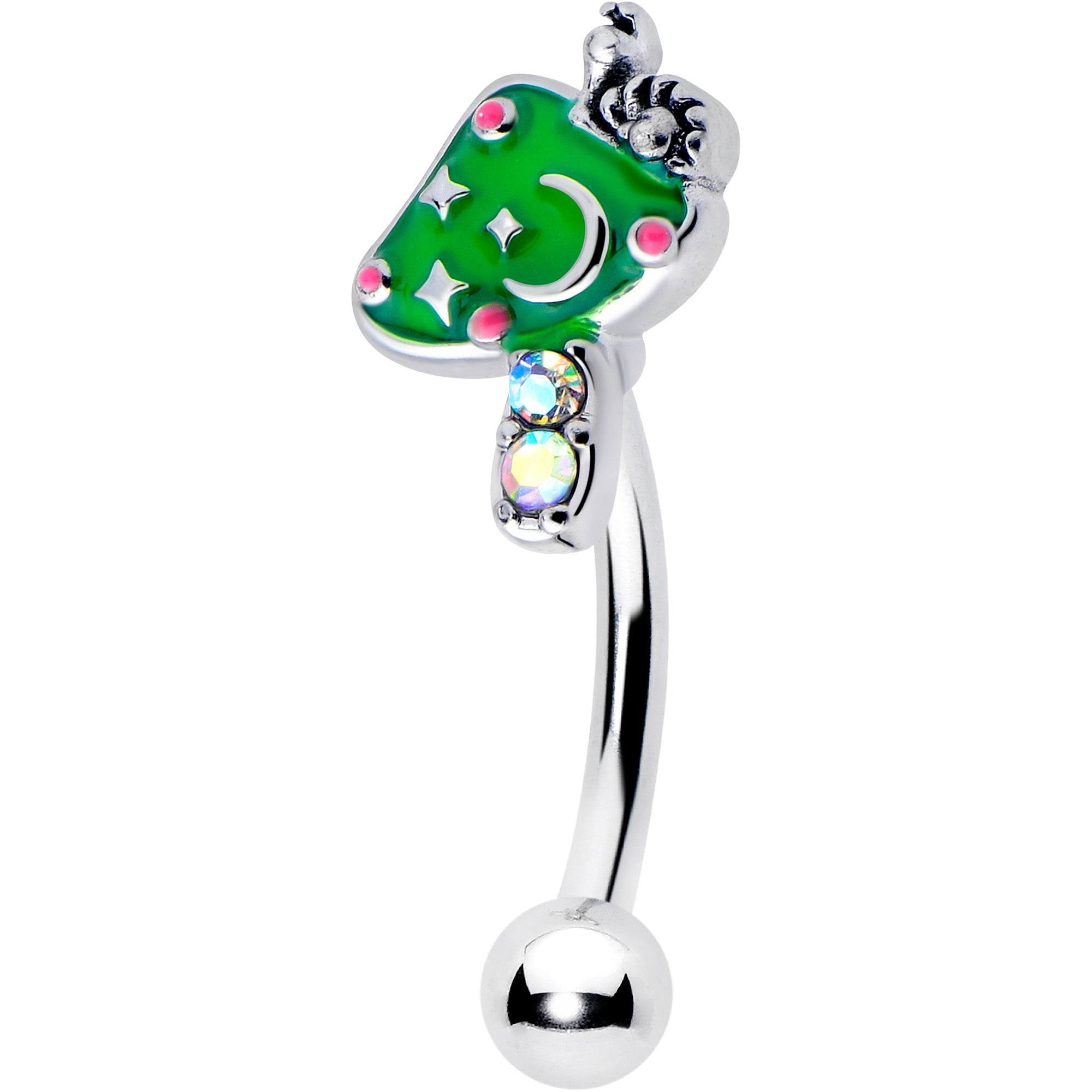 16 Gauge 5/16 Aurora Gem Fanciful Green Mushroom Curved Eyebrow Ring