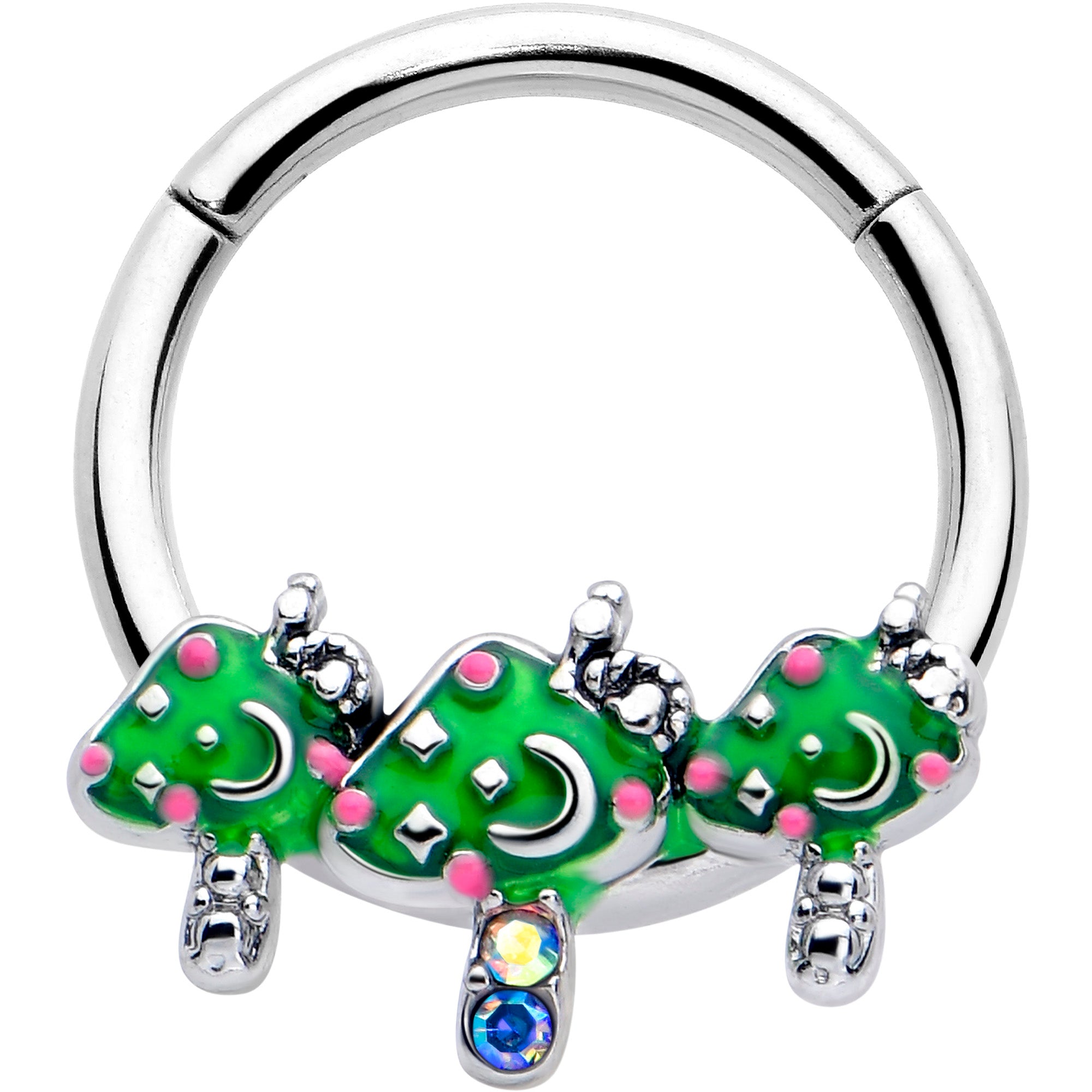 16 Gauge 3/8 Aurora Gem Green Mushroom Trio Hinged Segment Ring