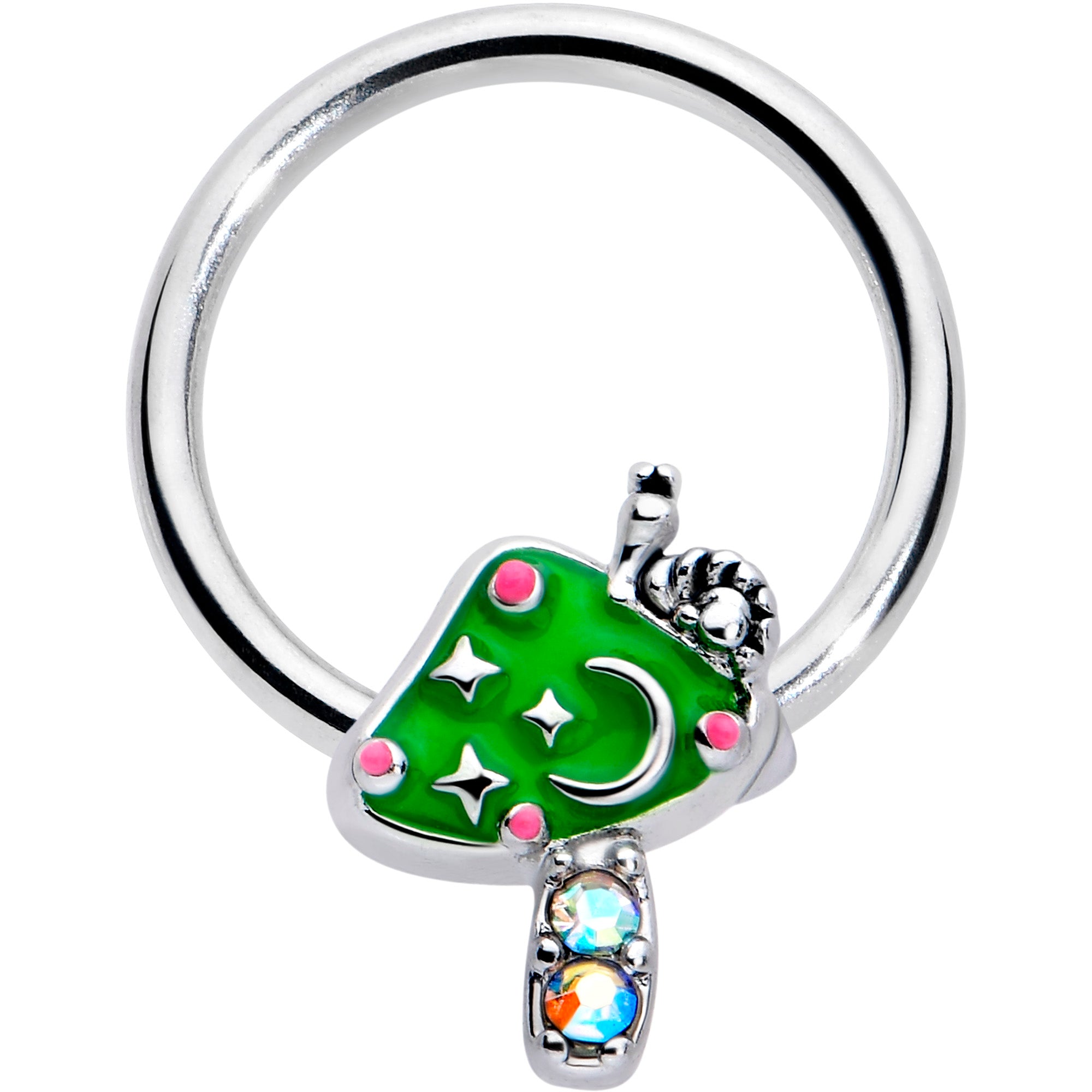 16 Gauge 3/8 Aurora Gem Green Mushroom BCR Captive Ring