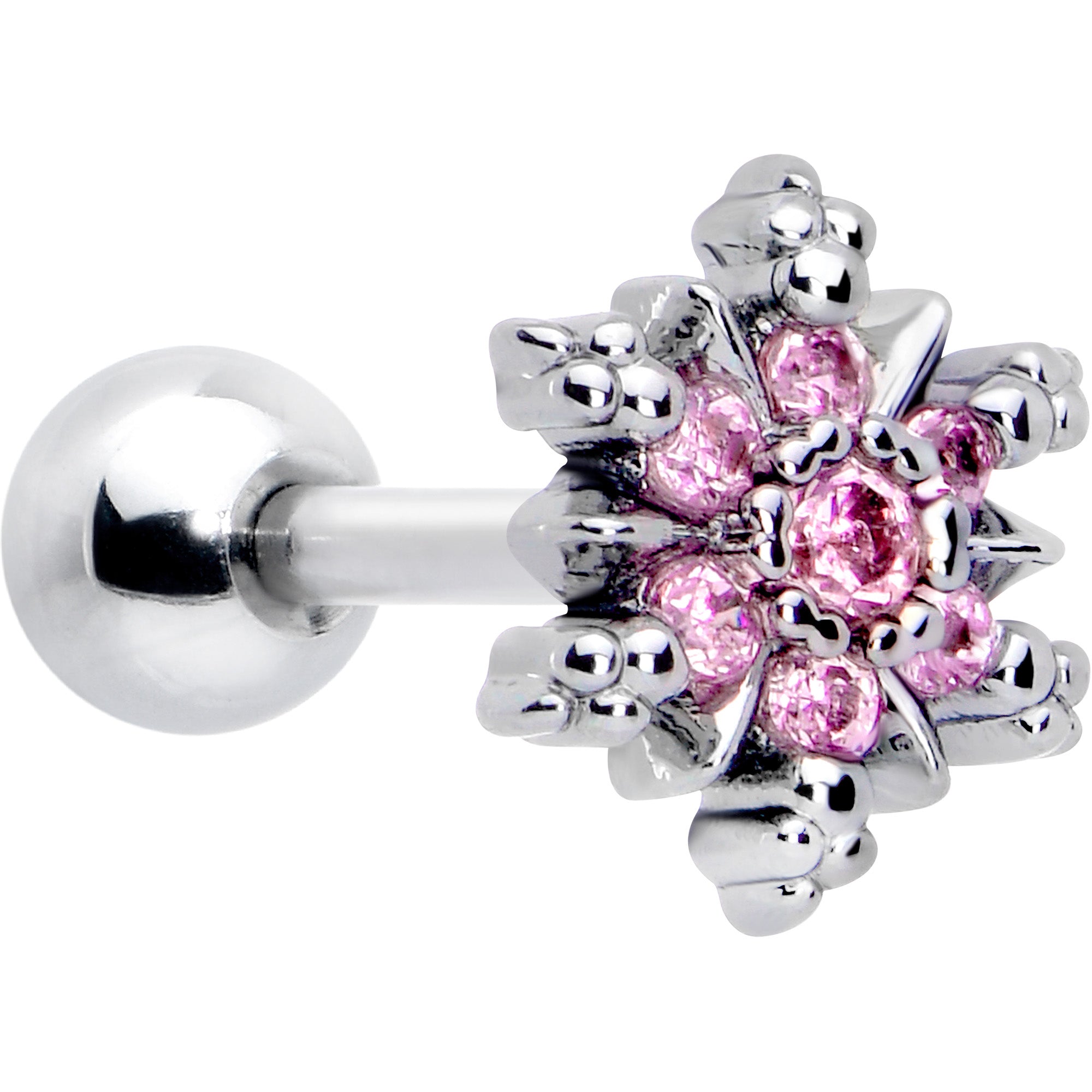 16 Gauge 1/4 Pink CZ Gem Glam Snowflake Cartilage Tragus Earring