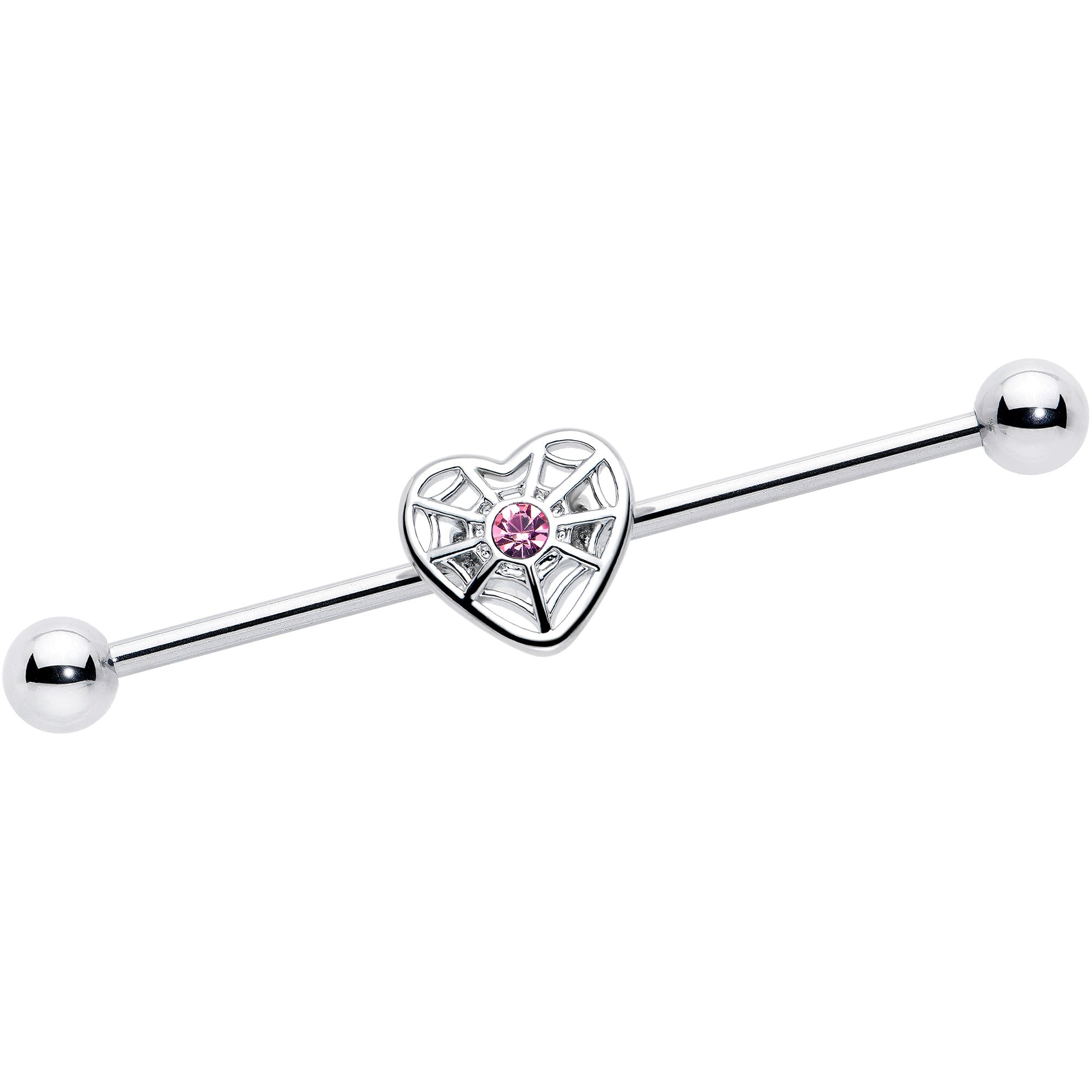 14 Gauge Pink Gem Spiderweb Heart Industrial Barbell
