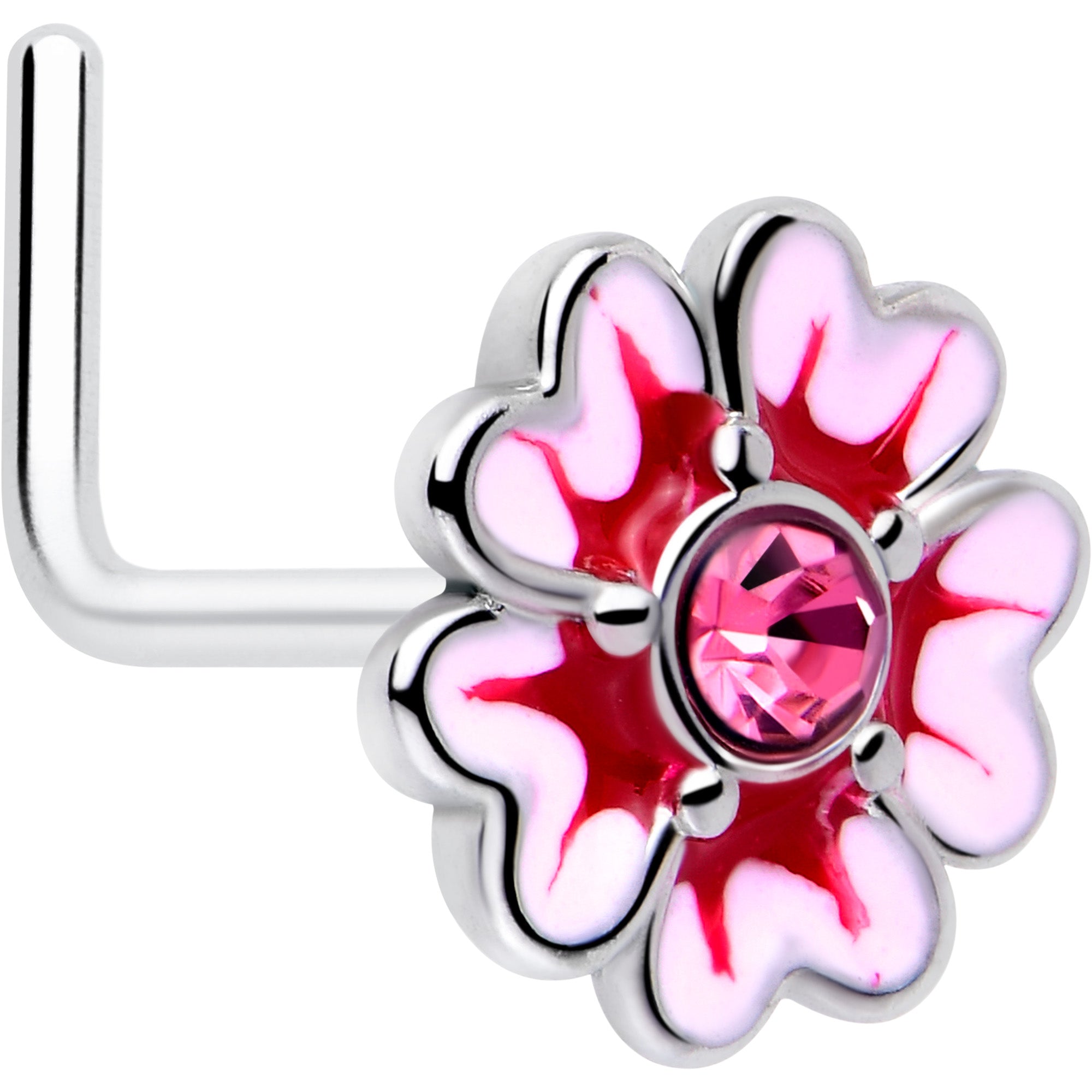 20 Gauge 5/16 Pink CZ Gem Dainty Pink Flower L Shape Nose Ring