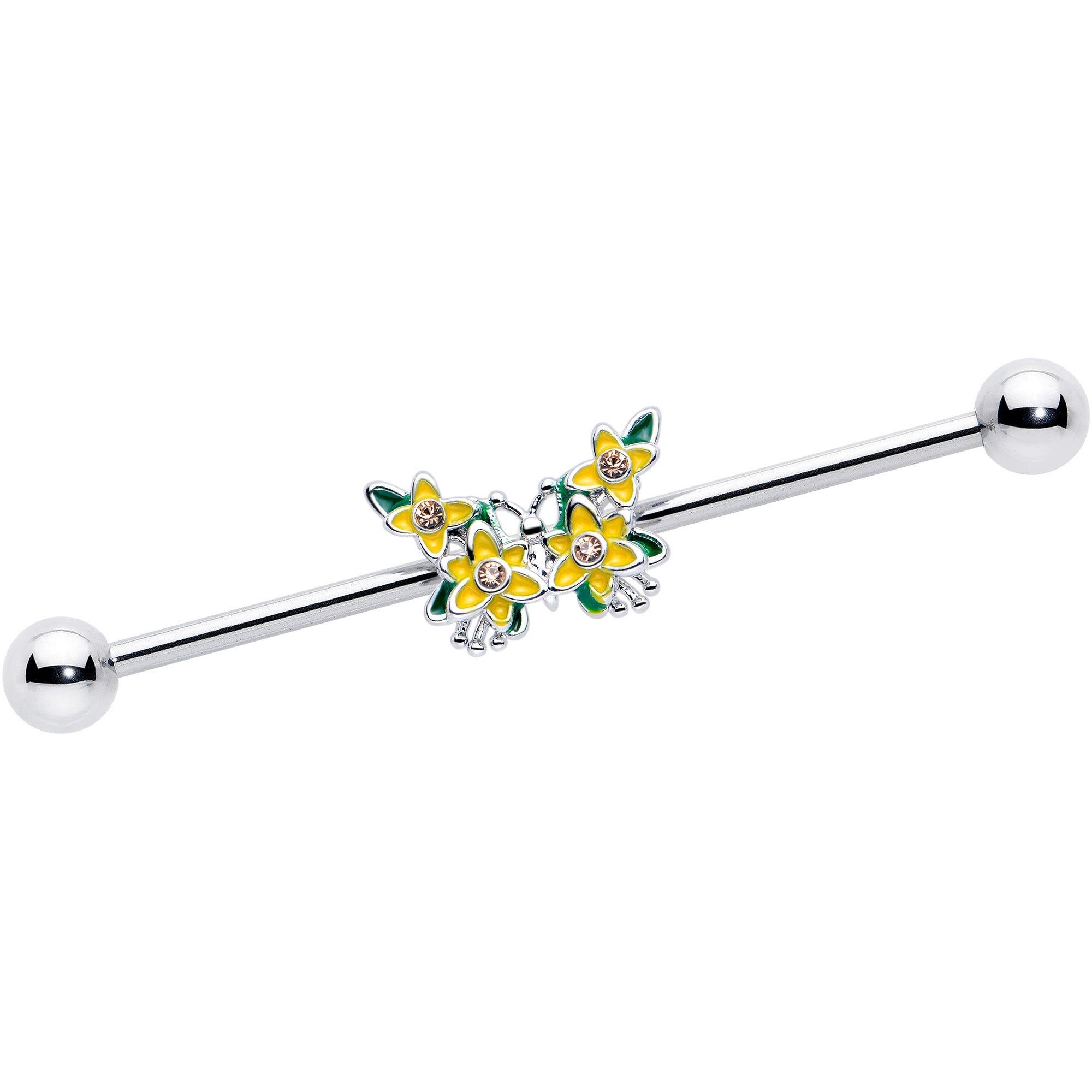 14 Gauge Yellow CZ Gem Blooming Butterfly Industrial Barbell 38mm