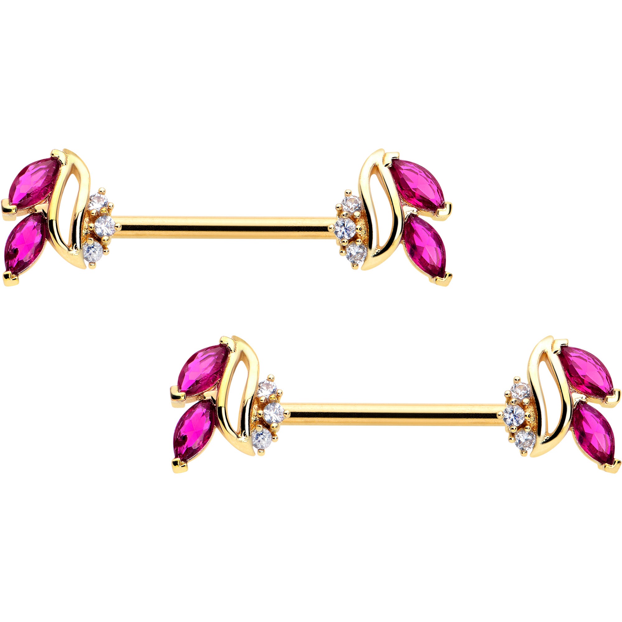 14G 9/16 Red CZ Gem Gold Tone Swirl Fan Barbell Nipple Ring Set