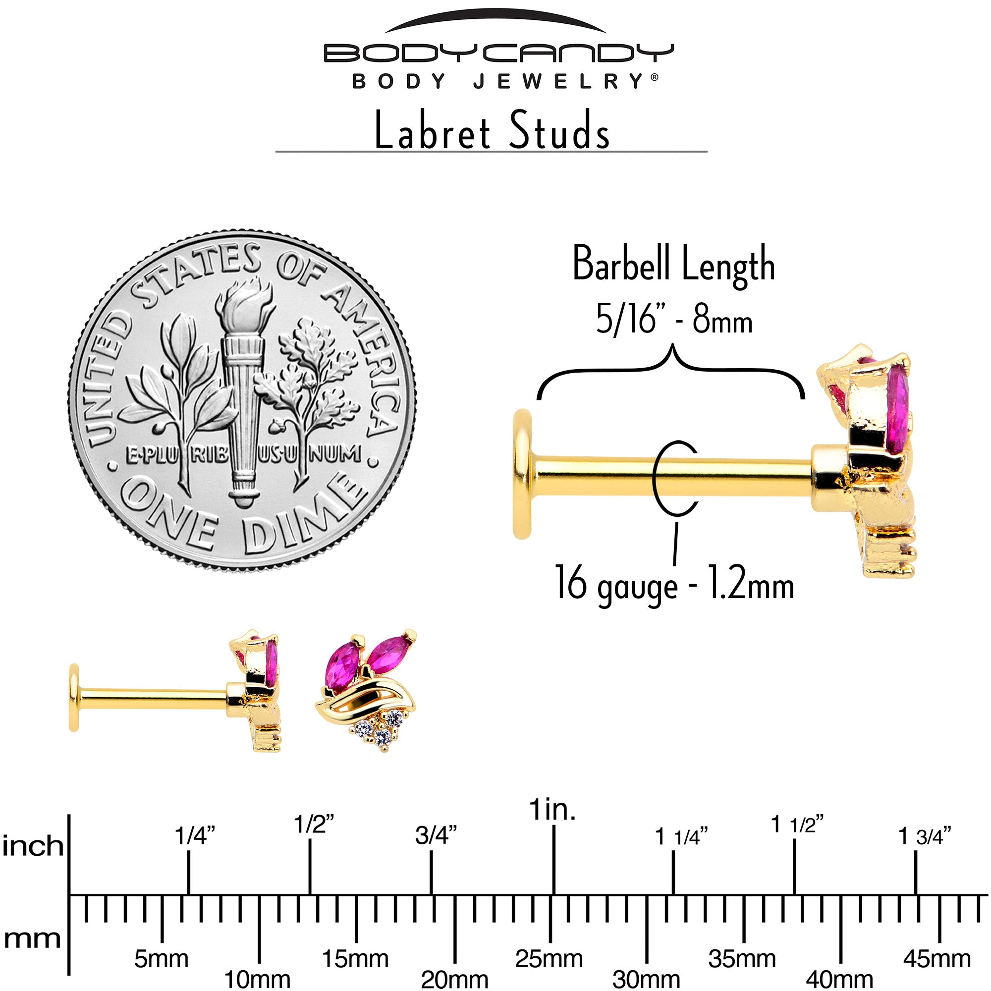 16G 5/16 Red CZ Gem Gold Tone Swirl Fan Labret Monroe Tragus