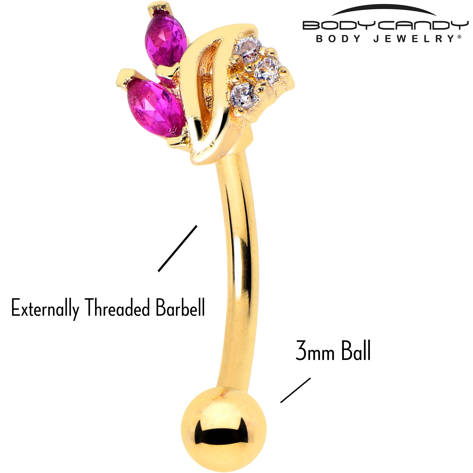 16G 5/16 Red CZ Gem Gold Tone Swirl Fan Curved Eyebrow Ring