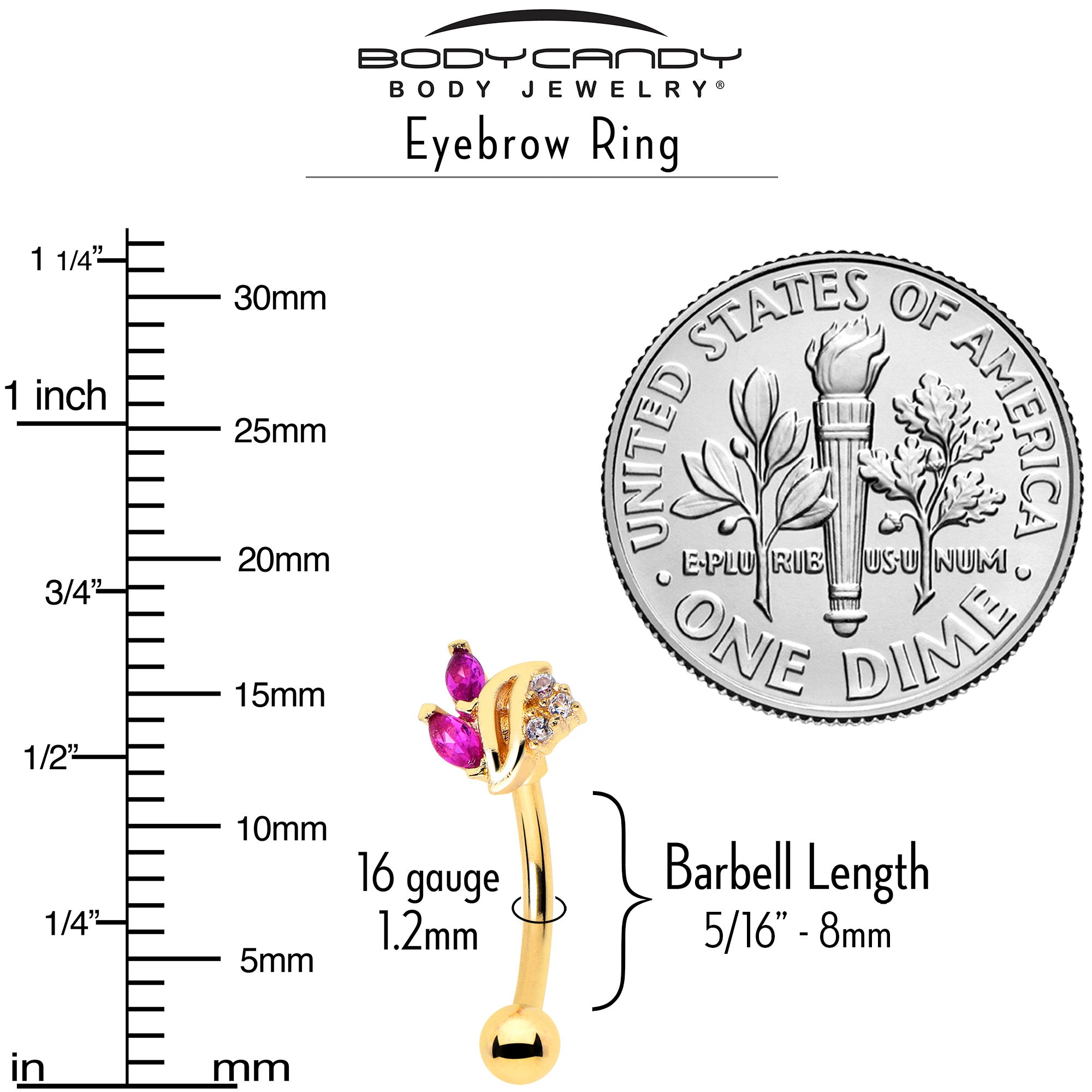 16G 5/16 Red CZ Gem Gold Tone Swirl Fan Curved Eyebrow Ring