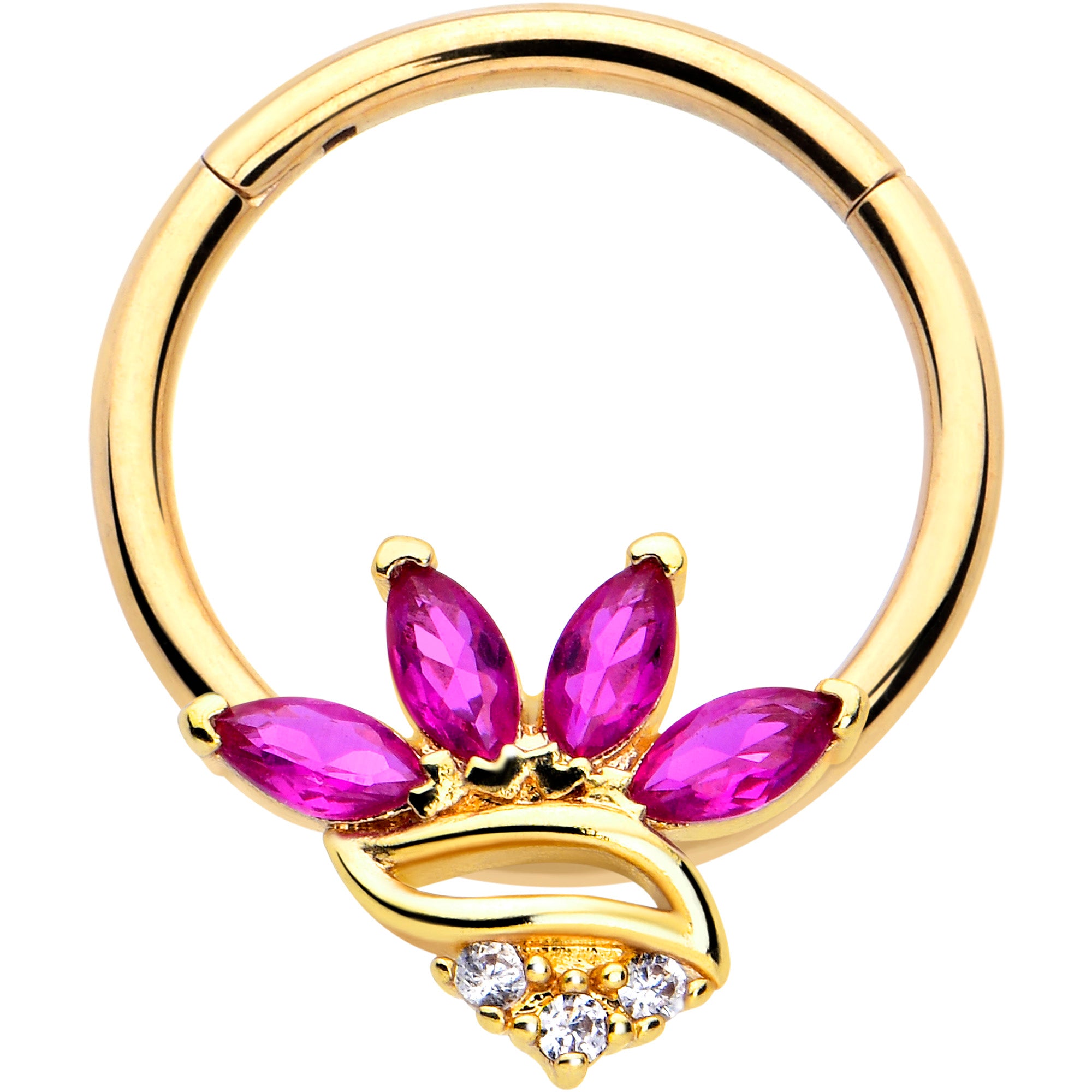 16G 3/8 Red CZ Gem Gold Tone Swirl Fan Hinged Segment Ring