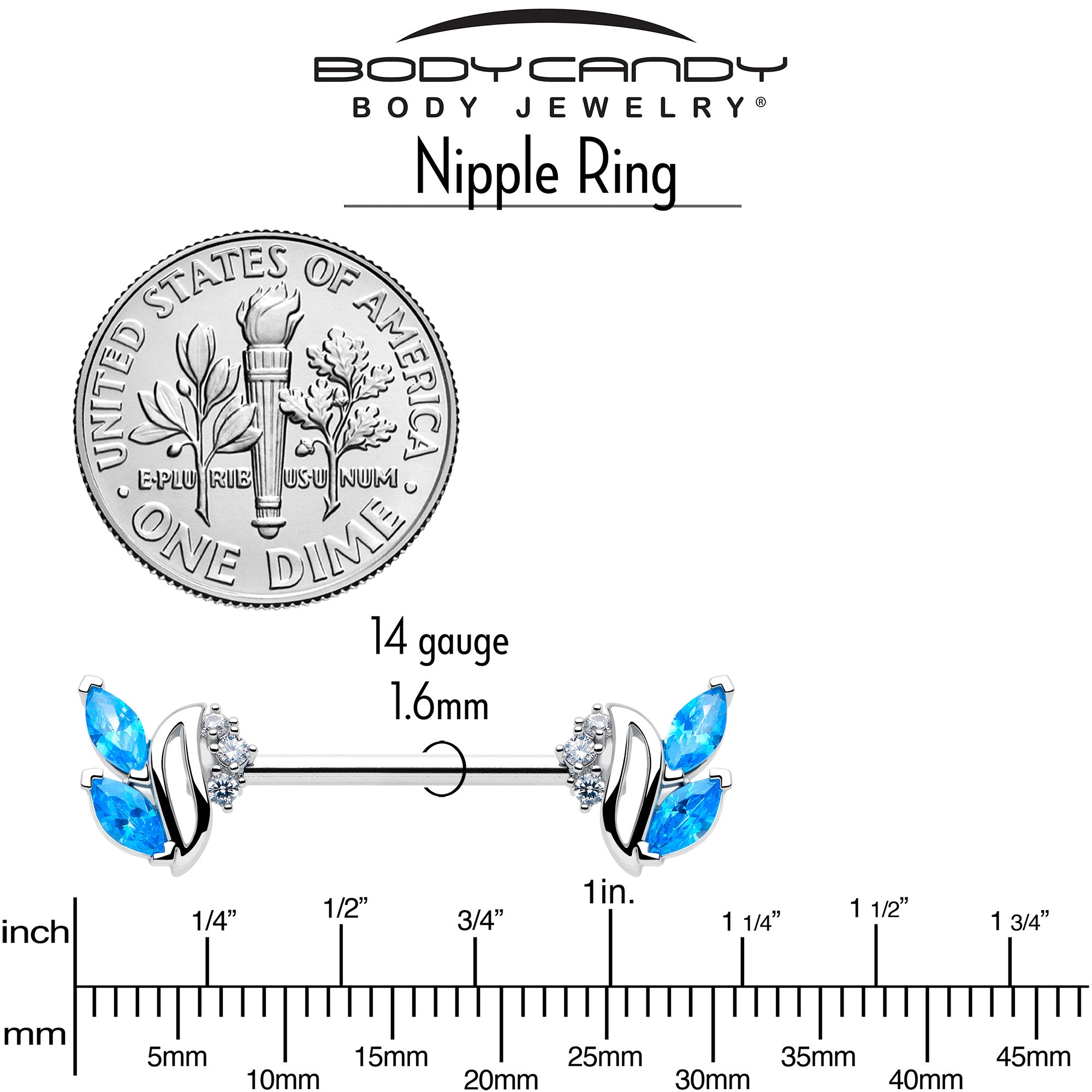 14G 9/16 blue CZ swirl barbell nipple piercing