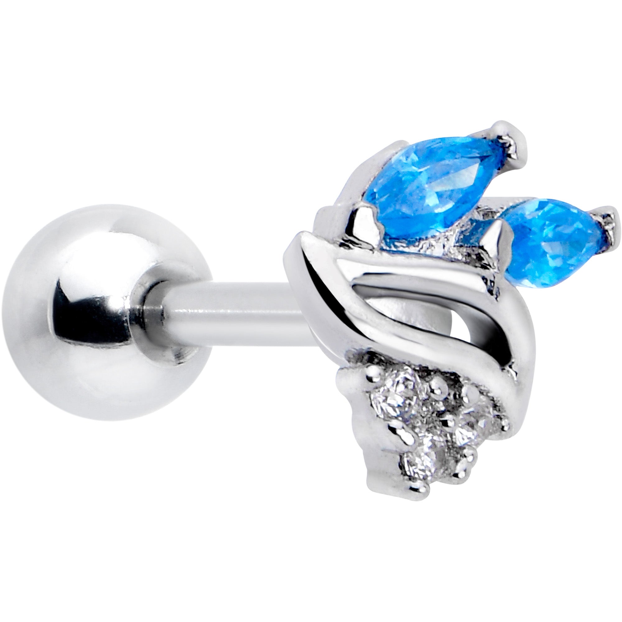 16 Gauge 1/4 Blue CZ Gem Swirl Fan Cartilage Tragus Earring