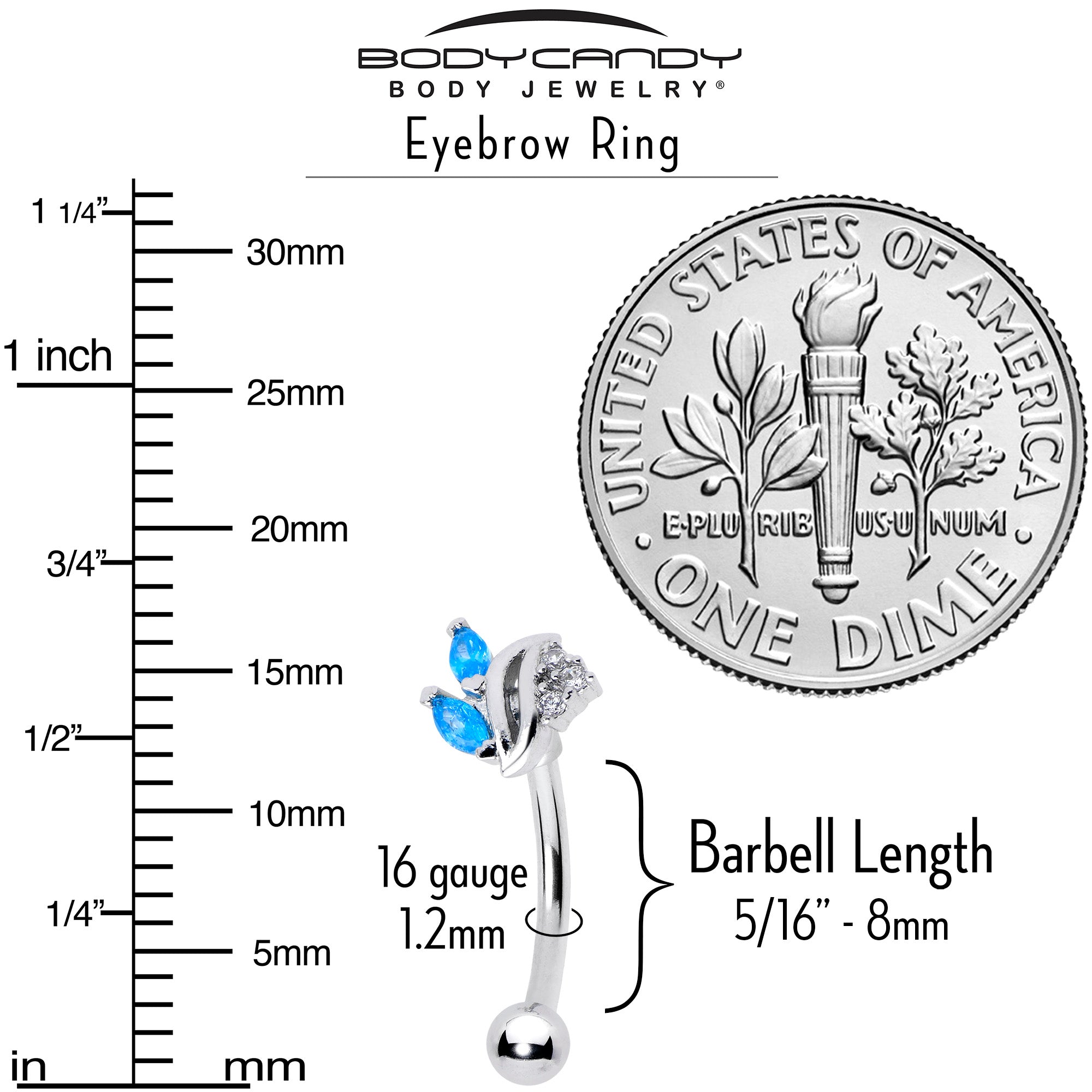 16G 5/16 Blue CZ Gem Swirl Fan Curved Eyebrow Ring