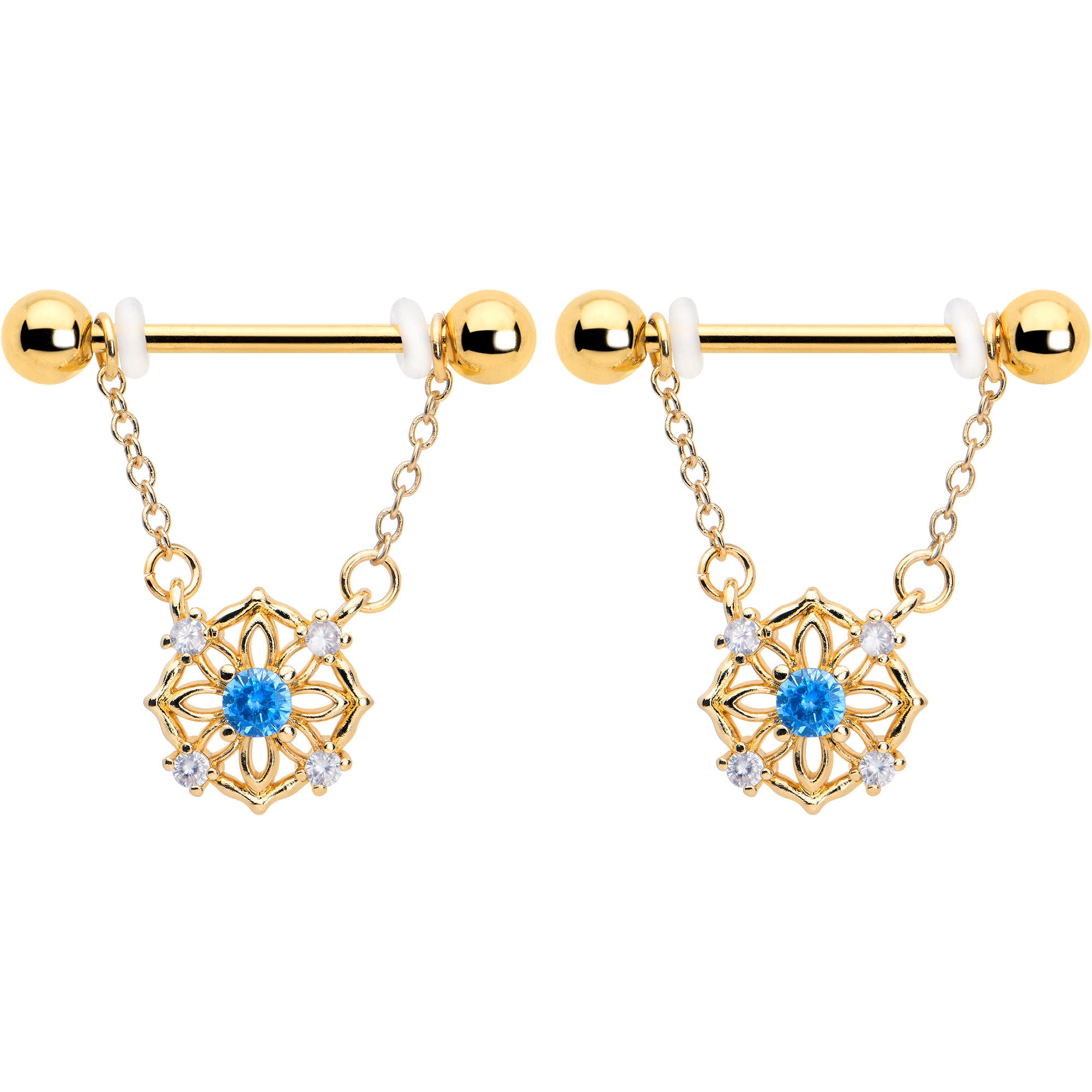 14G 9/16 Blue CZ Gem Gold Tone Flower Ring Dangle Nipple Ring Set