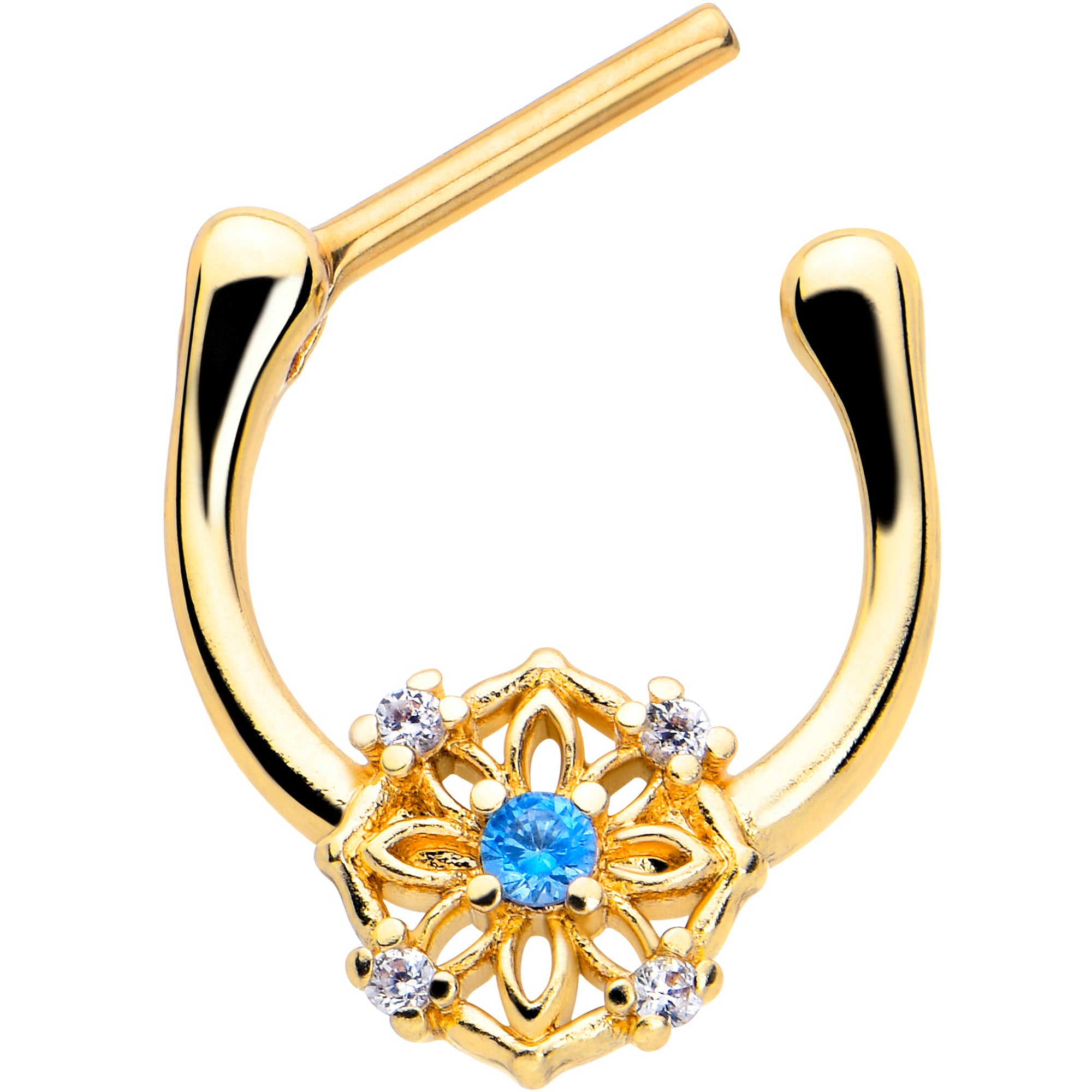 16G 5/16 Blue CZ Gem Gold Tone Flower Ring Cartilage Clicker