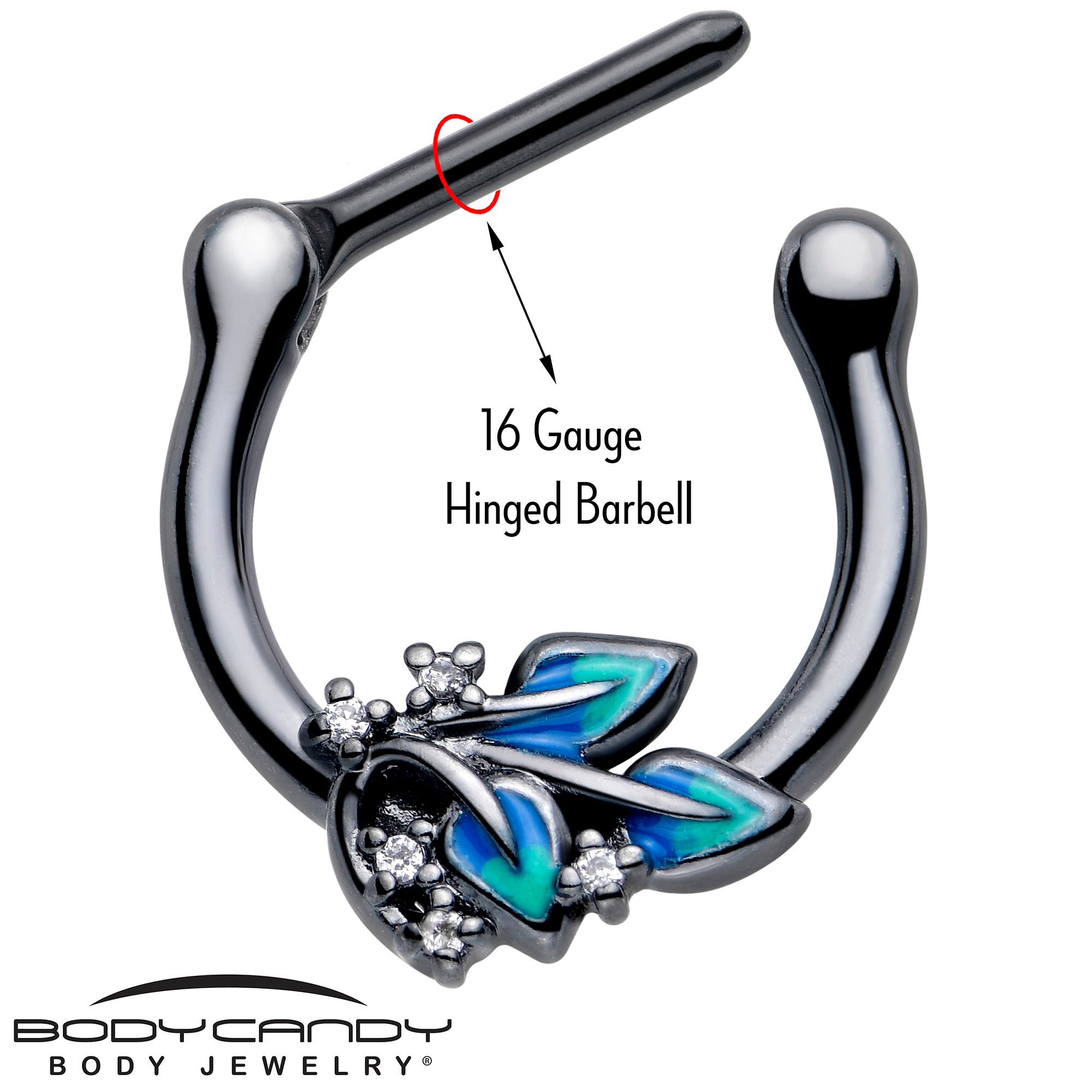 16 Gauge Black Lush Leaves Cartilage Clicker with Clear CZ Gem