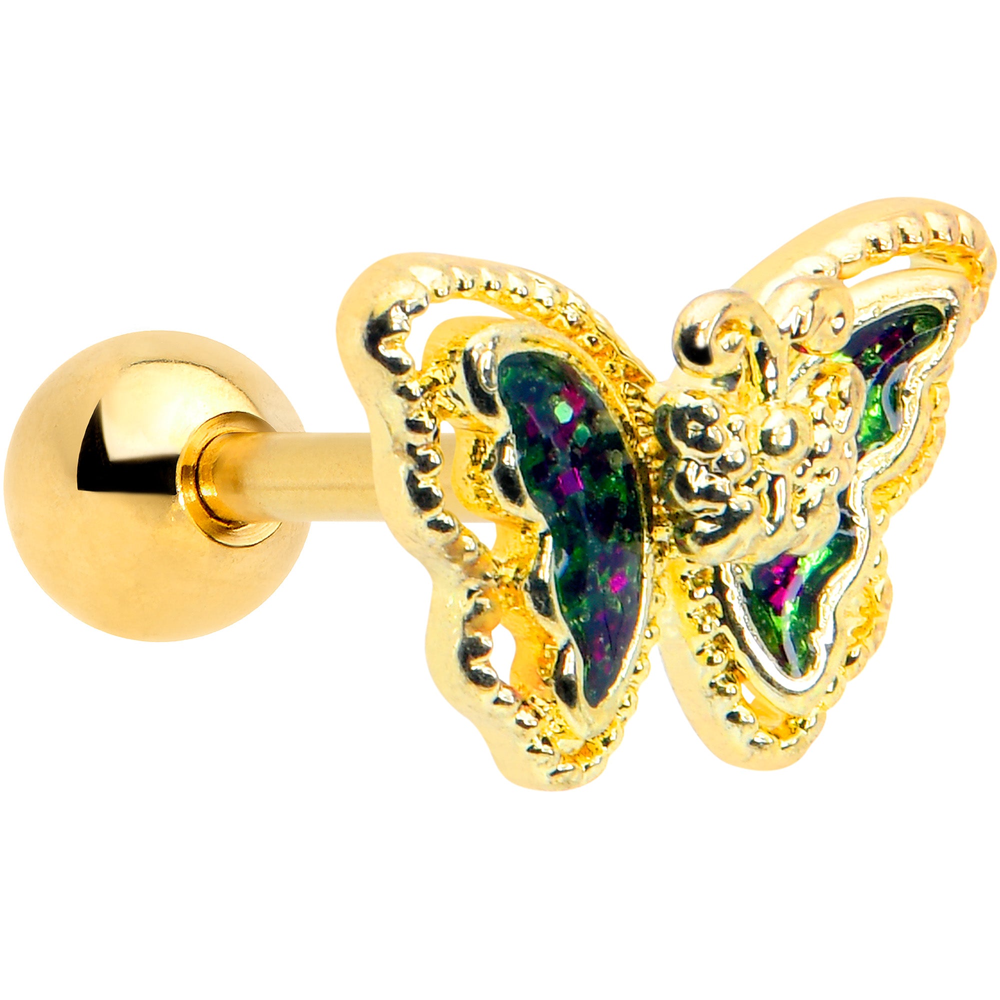 16G 1/4 Vitrail Gem Gold Tone Classic Butterfly Cartilage Earring