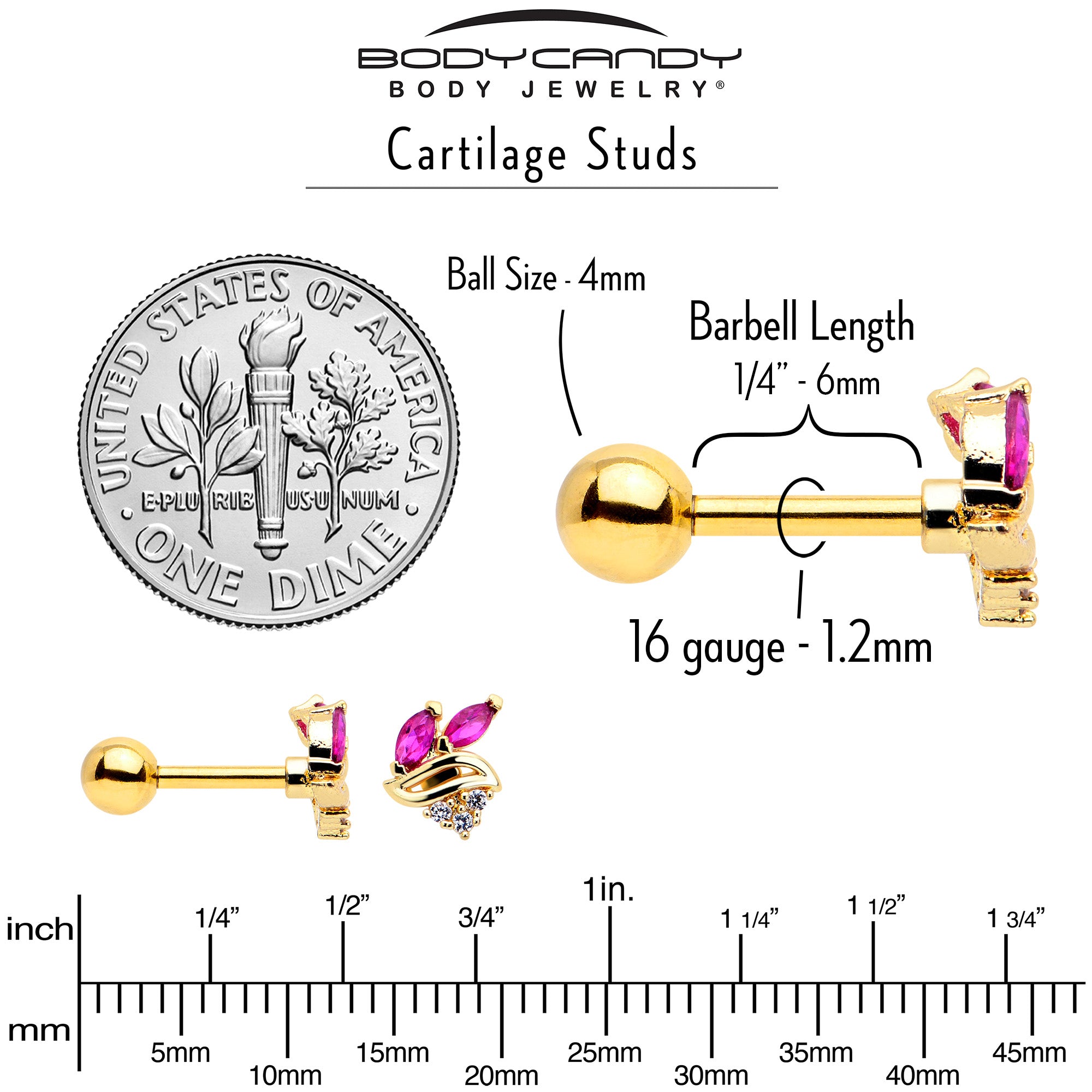 16G 1/4 Red CZ Gem Gold Tone Swirl Fan Cartilage Tragus Earring