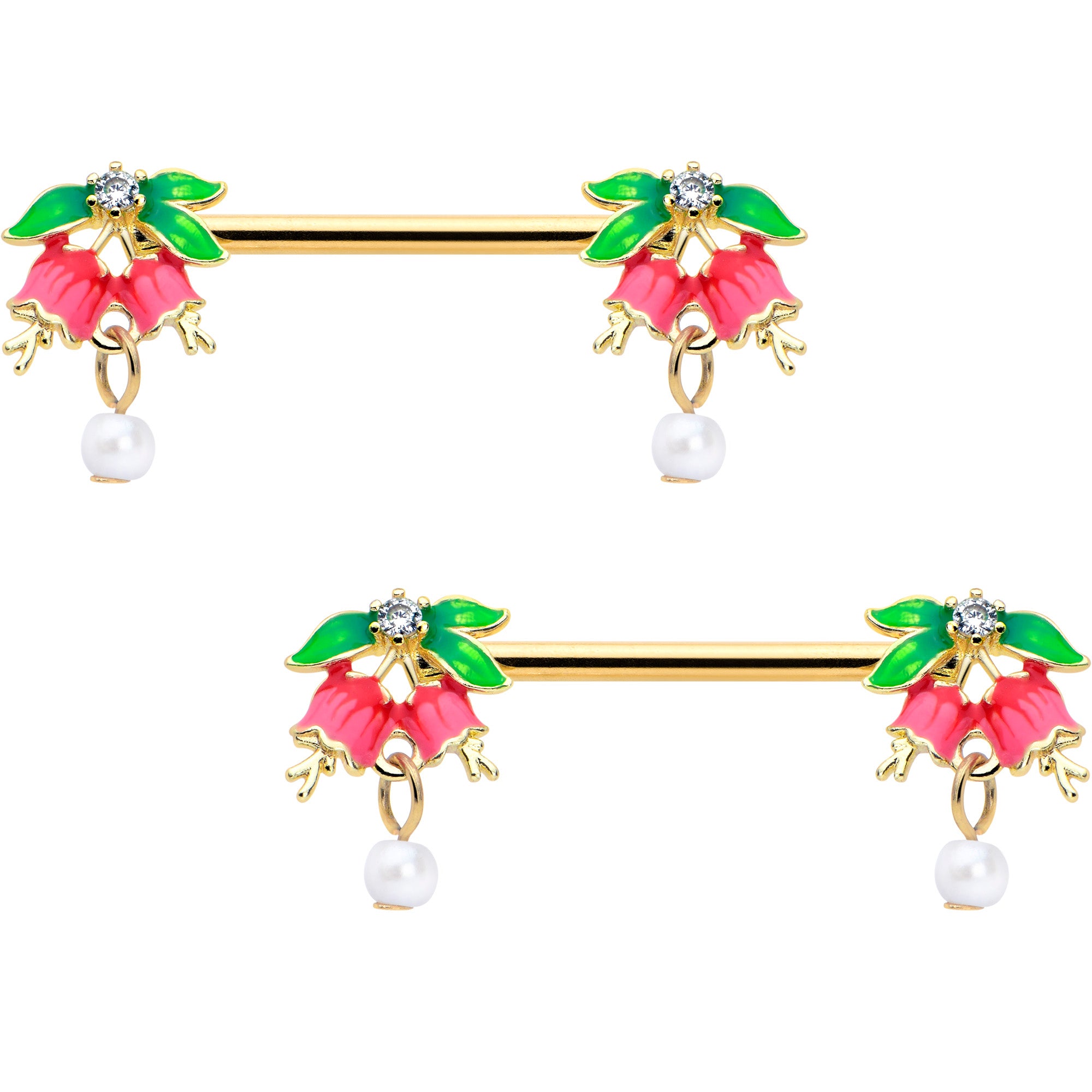 14 Gauge 9/16 Clear CZ Gem Gold Hue Bell Flower Nipple Ring Set