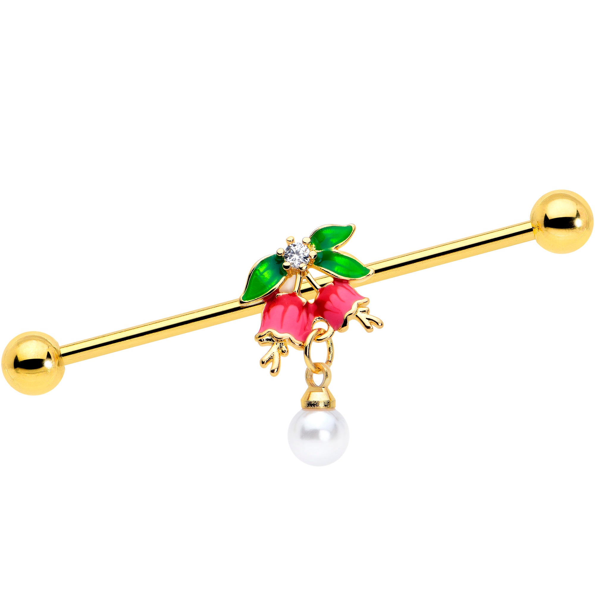 14 Gauge Clear CZ Gem Gold Tone Bell Flower Industrial Barbell 38mm
