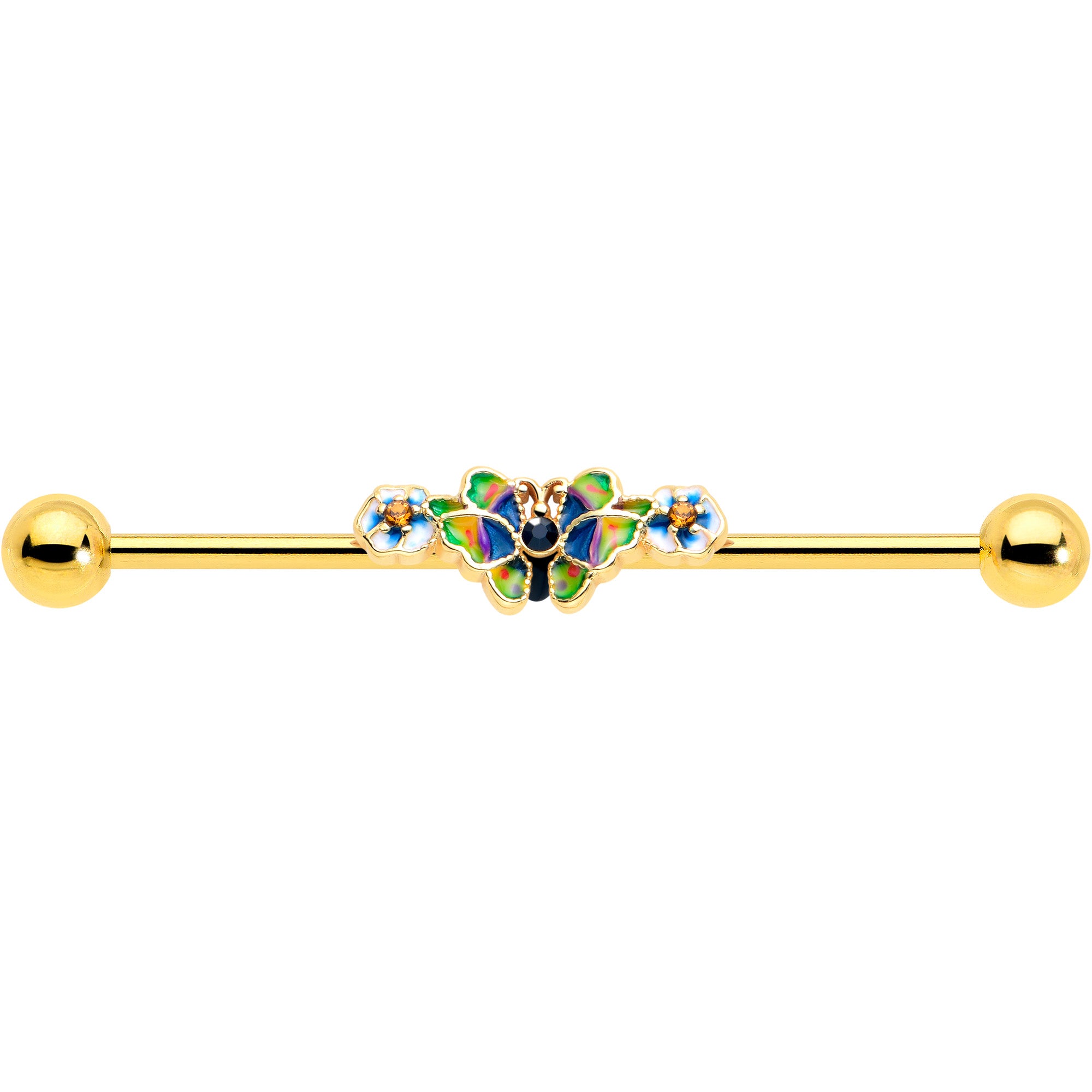 Blue Gem Gold Tone Butterfly Industrial Barbell 14 Gauge