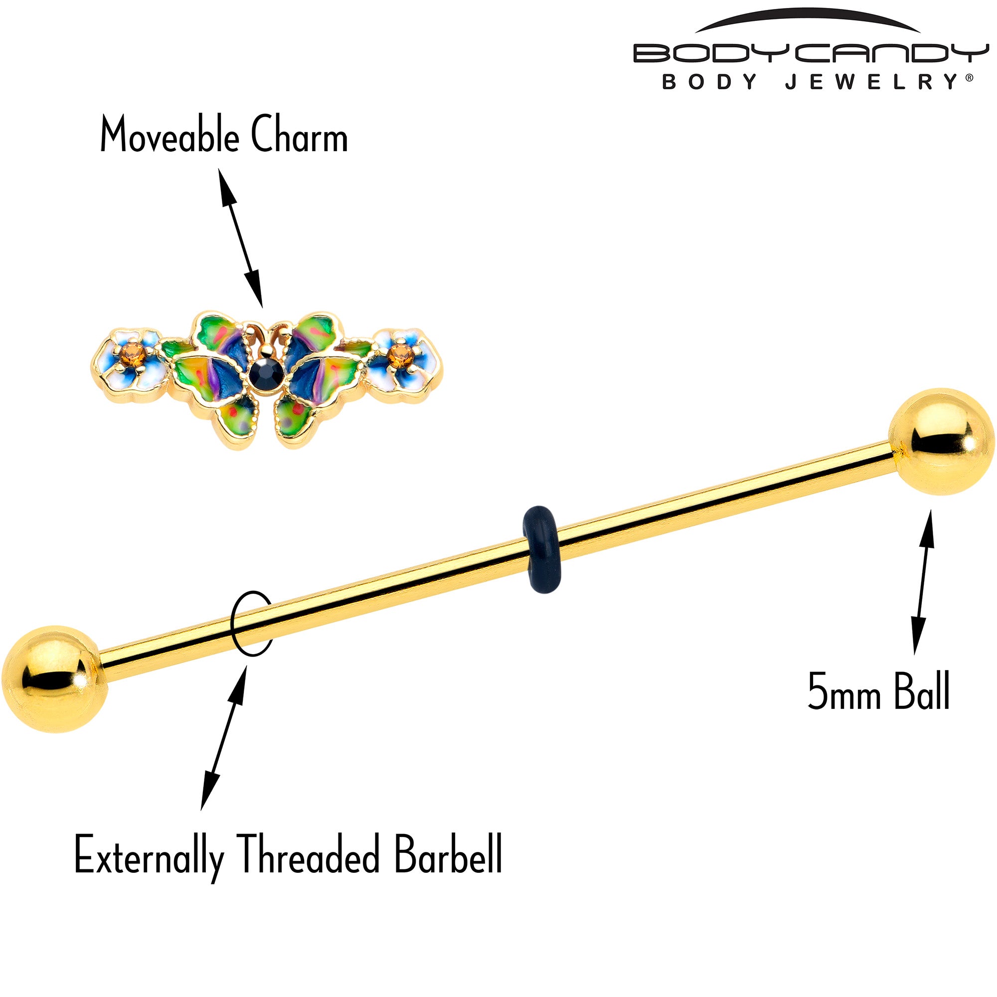 14 Gauge Gold Tone Butterfly Industrial Barbell Blue Gem