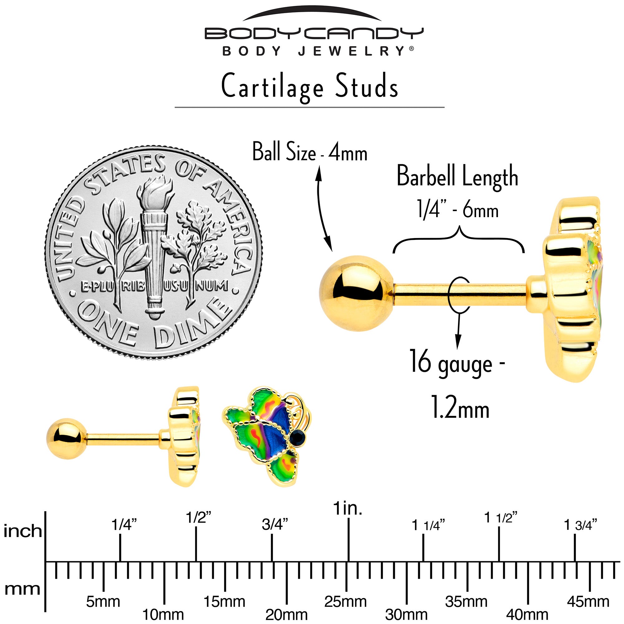 Gold Tone Butterfly Cartilage Tragus Earring with Blue Gem